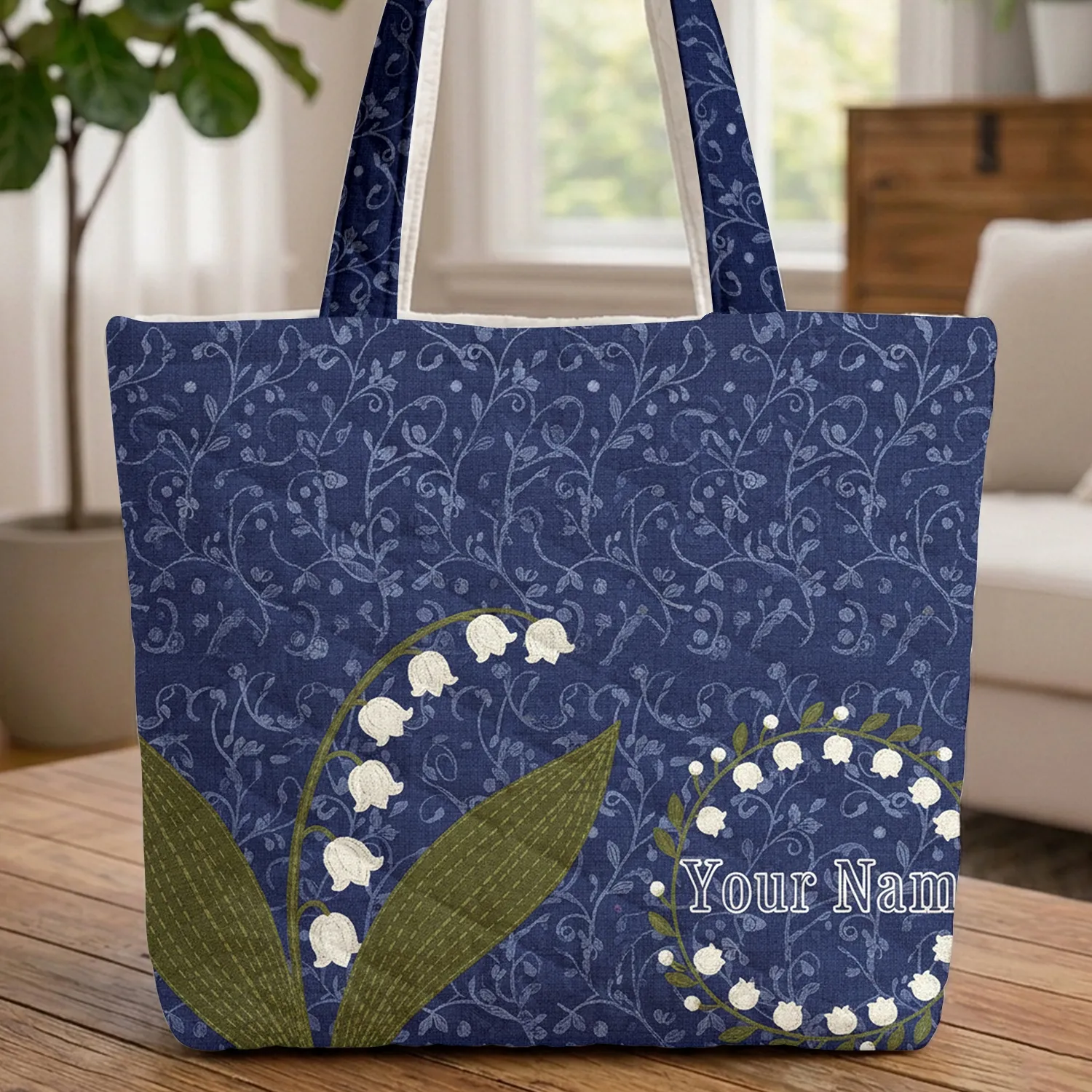 Personalized Lily of the Valley Floral Wreath Botanical Vines Everyday Carry Nature Gift Quilted Tote Bag - 1