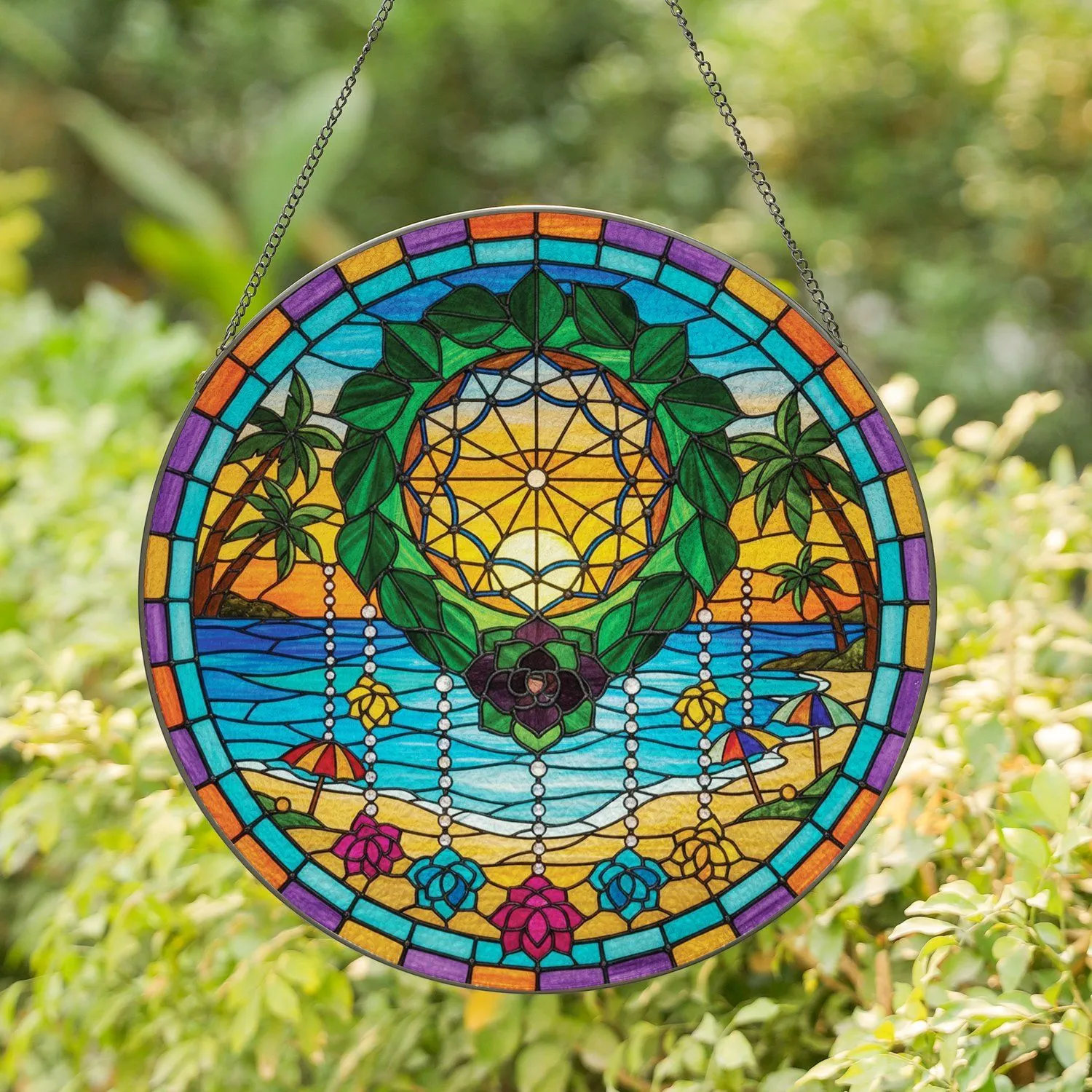 Jewel Tone Dreamcatcher Succulent Flowers Tropical Beach Ocean Home Decor Gift Stained Glass Suncatcher - 1