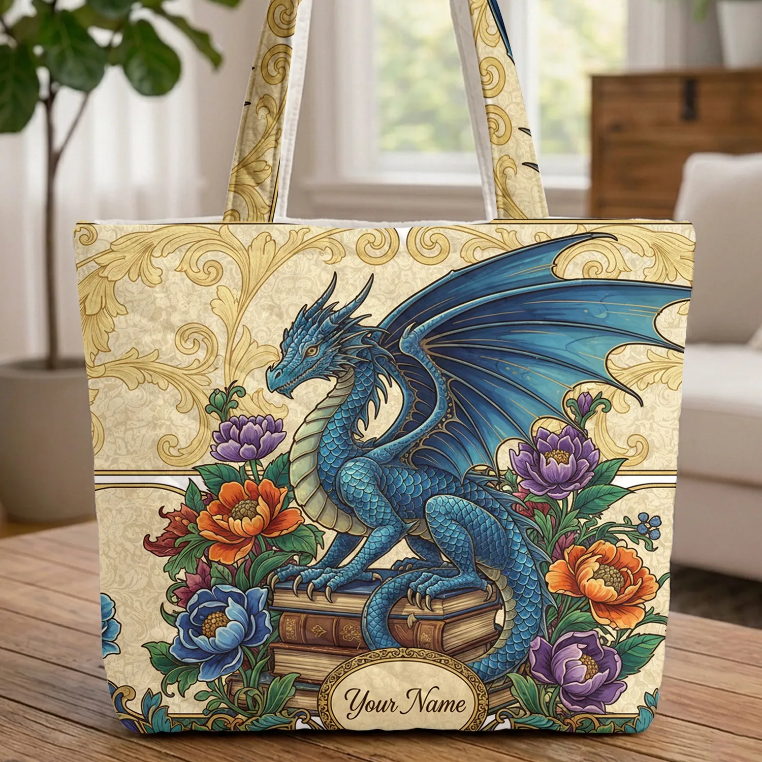 Blue Dragon Ancient Books Personalized Name - Everyday Carry Gift for Fantasy Lover Quilted Tote Bag - 1