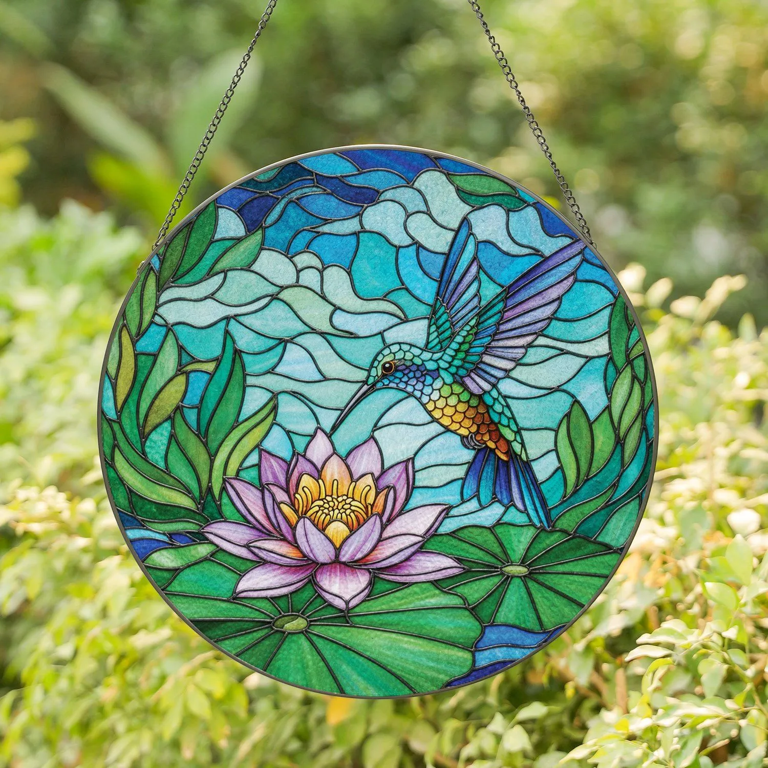 Hummingbird Water Lily Stained Glass Mosaic - Nature Lover Home Decor Gift Stained Glass Suncatcher - 1