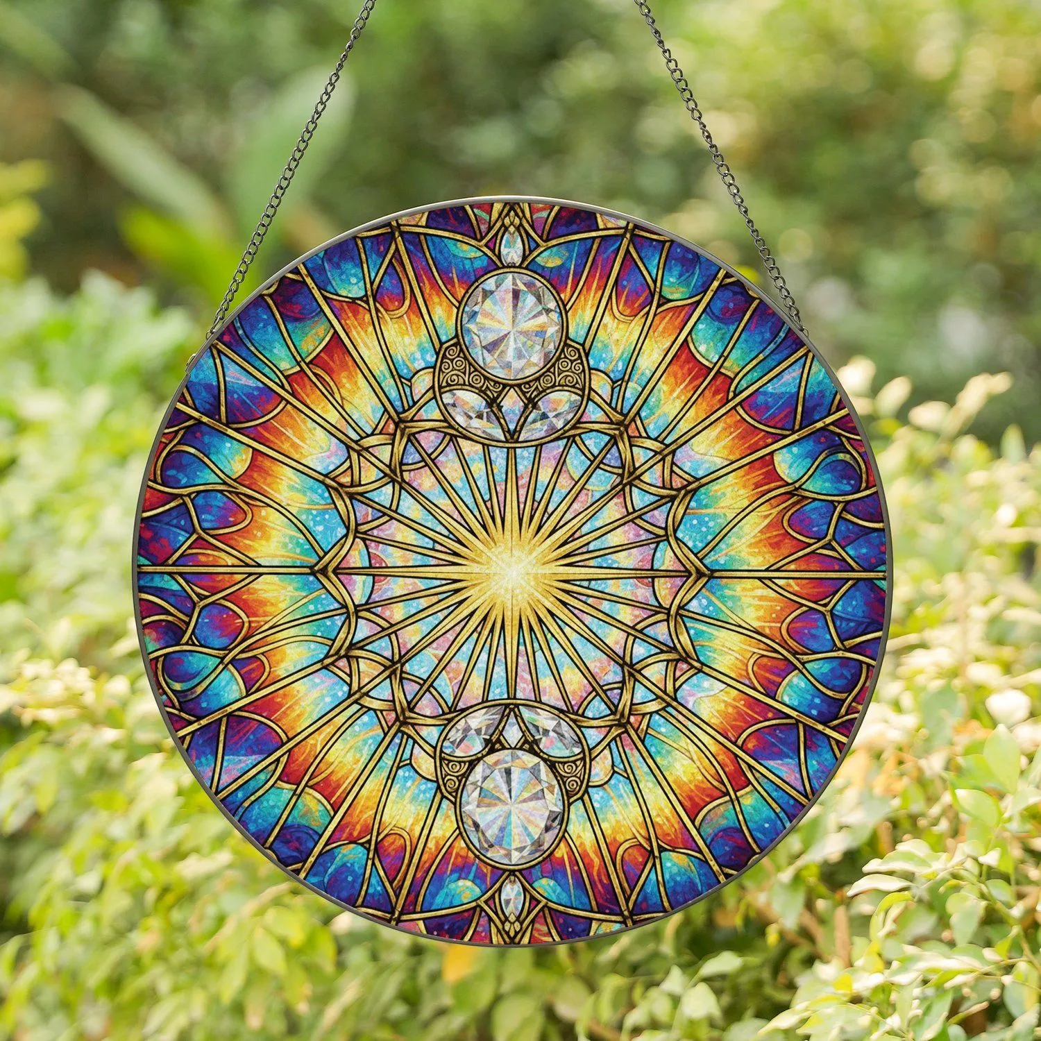 Faceted Crystal Sphere Golden Starburst Filigree Rainbow Light Home Decor Gift Stained Glass Suncatcher - 1