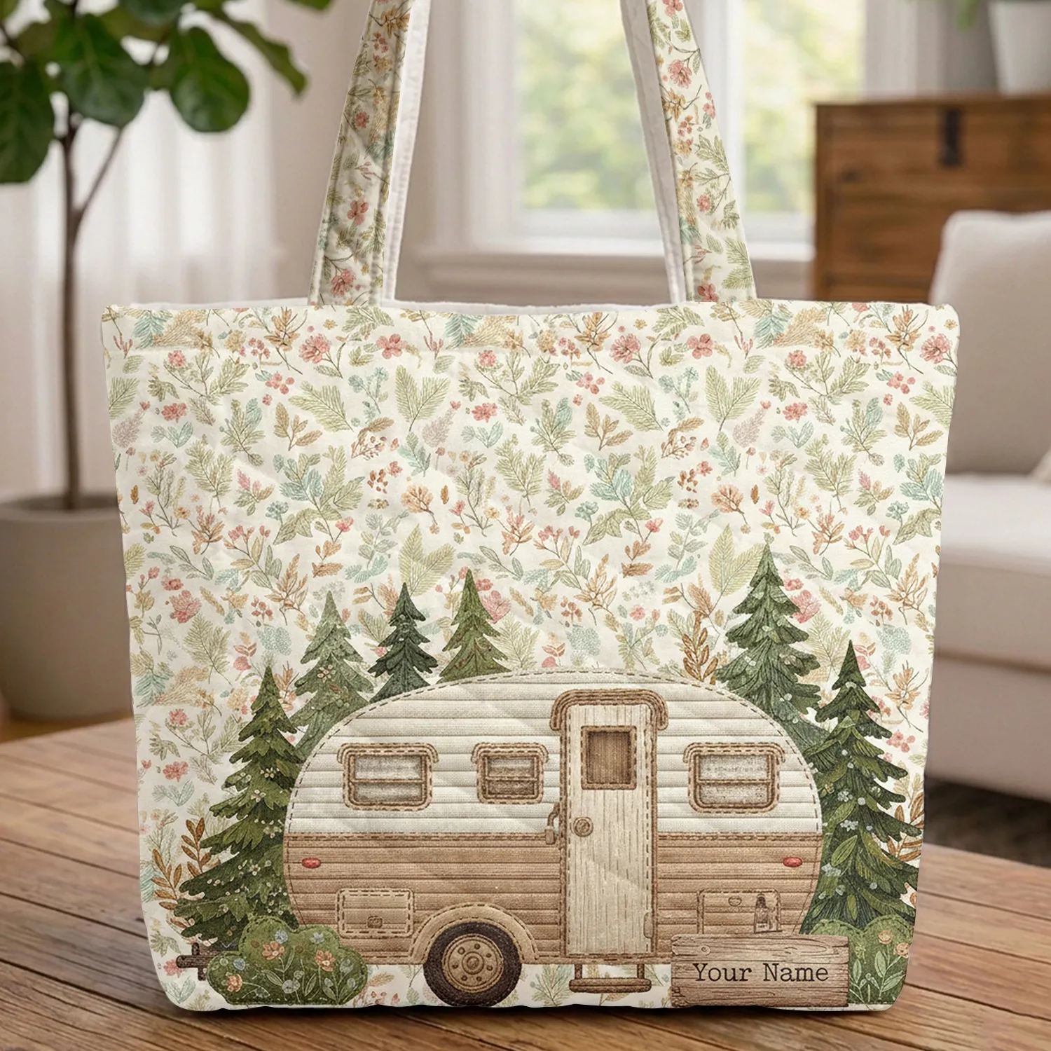 Ornate Vintage Travel Trailer Pine Branches Wildflower Trees Bushes Travel Essentials for Traveler Quilted Tote Bag - 1
