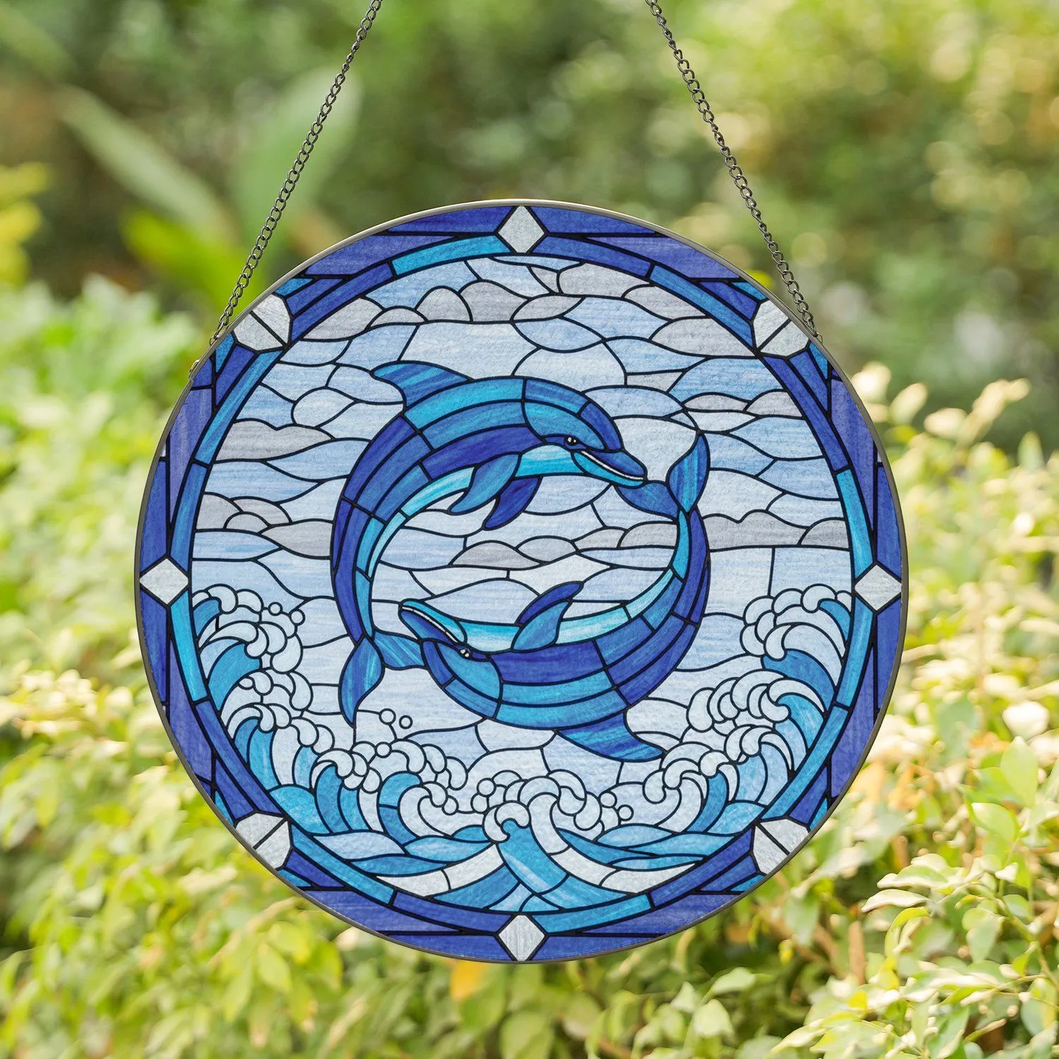 Embracing Blue Dolphins Ocean Waves Clear Sky - Home Decor Gift For Ocean Lover Stained Glass Suncatcher - 1