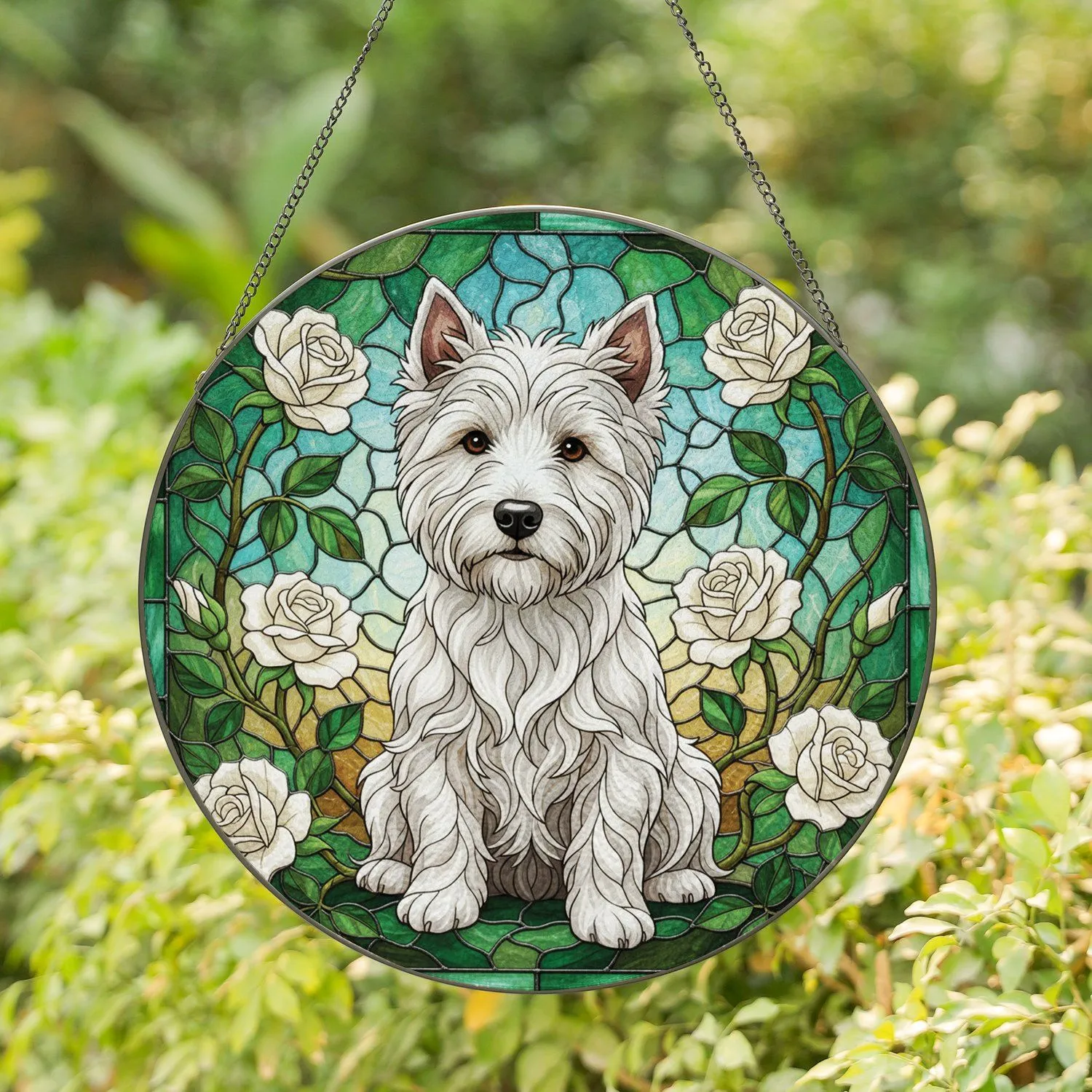 West Highland White Terrier White Rose - Home Decor Gift for Dog Lover and Westie Fan Stained Glass Suncatcher - 1