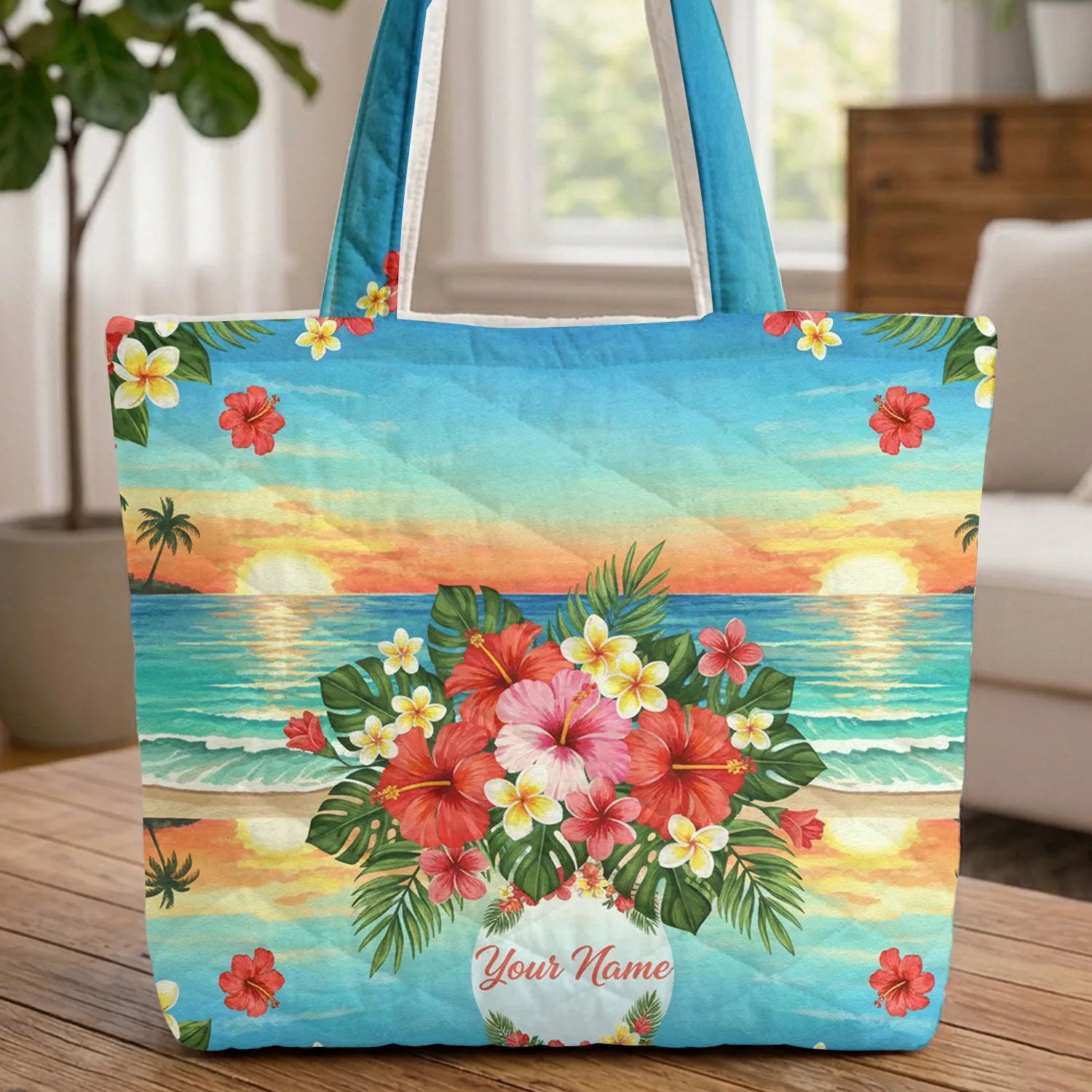 Personalized Tropical Beach Sunset Floral Hibiscus Plumeria Everyday Carry Gift Quilted Tote Bag - 1