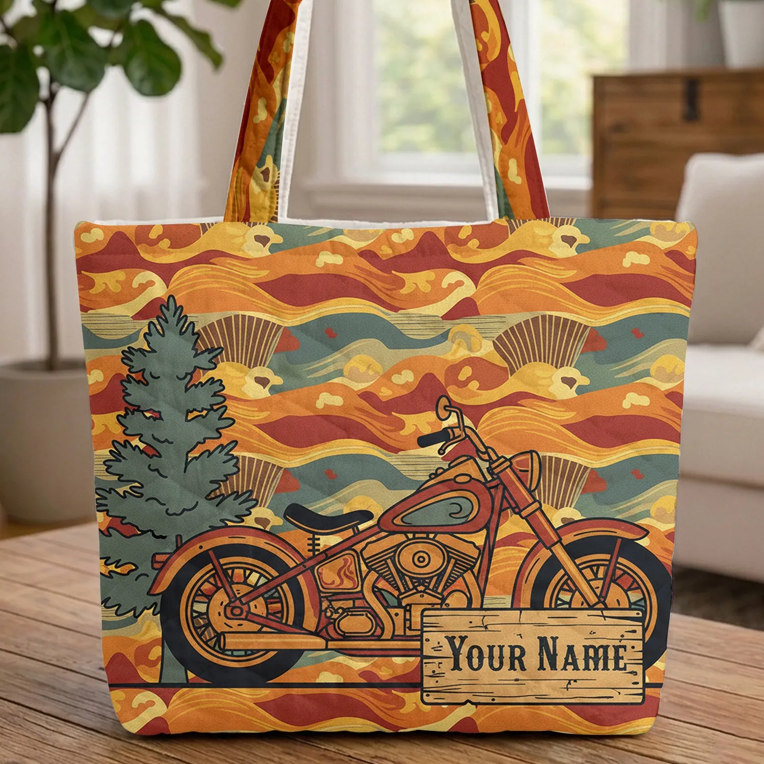 Ornate Classic Motorcycle Desert Hills Pine Tree - Travel Essentials Gift for Riders Quilted Tote Bag - 1