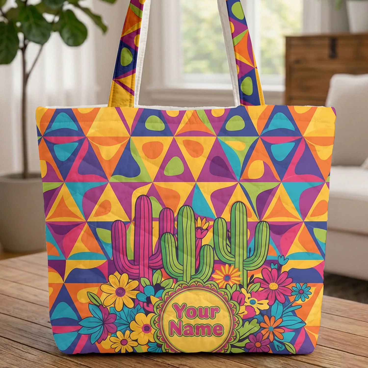 Desert Sculpted Cacti Wildflowers Interlocking Shapes - Everyday Carry Gift for Gardeners Quilted Tote Bag - 1
