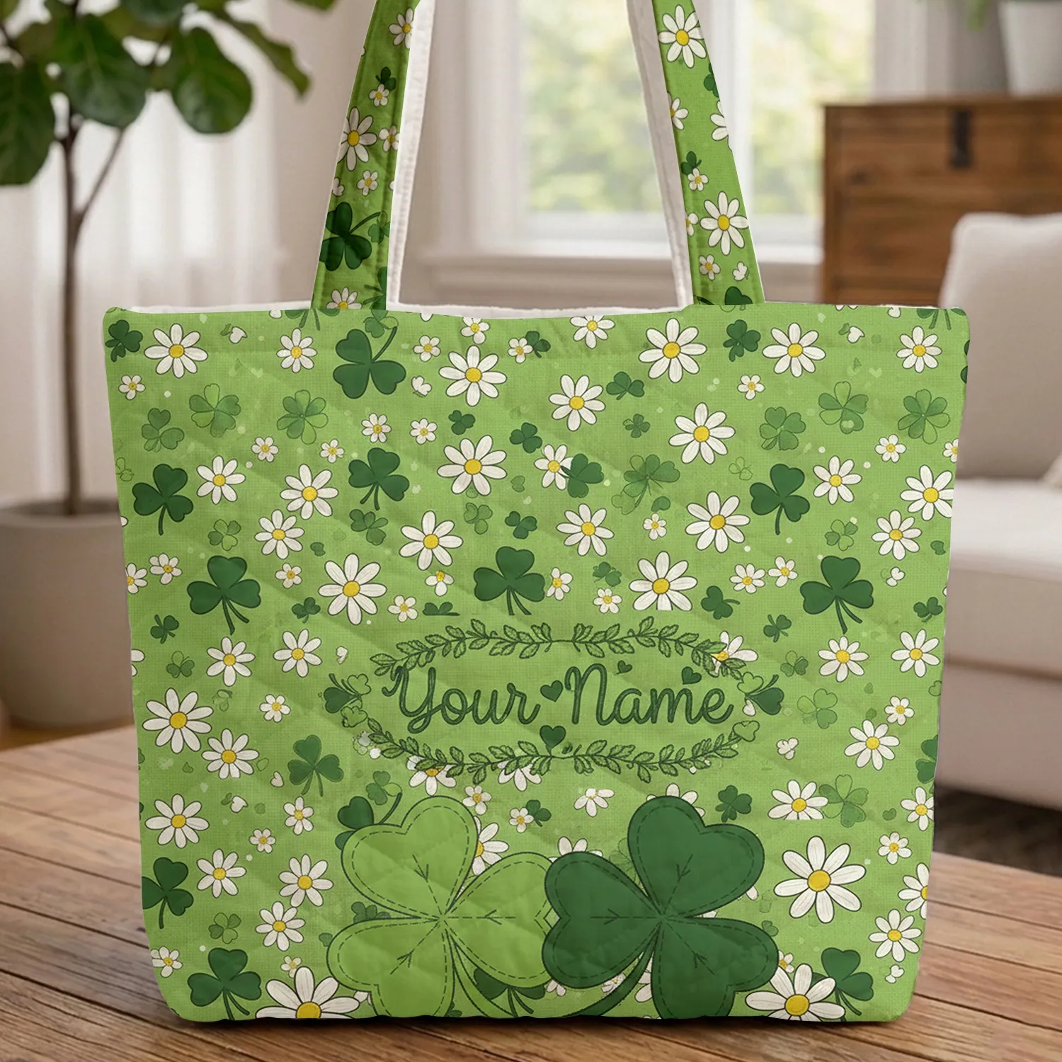 Personalized Lucky Clover Daisy Garland - Everyday Carry Gift Quilted Tote Bag - 1