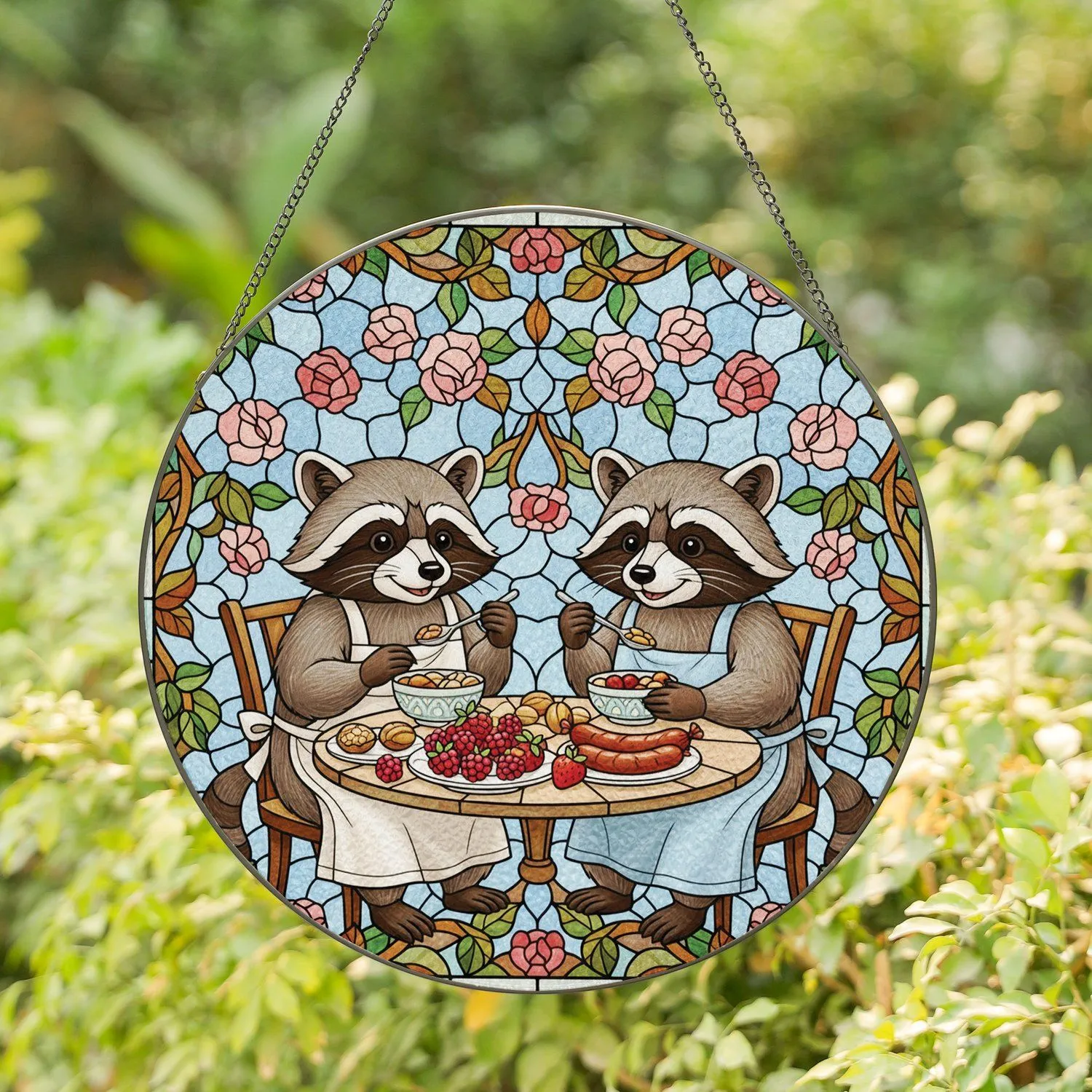 Raccoons Sharing Meal Pink Roses Red Raspberries - Wildlife Home Decor Gift Stained Glass Suncatcher - 1