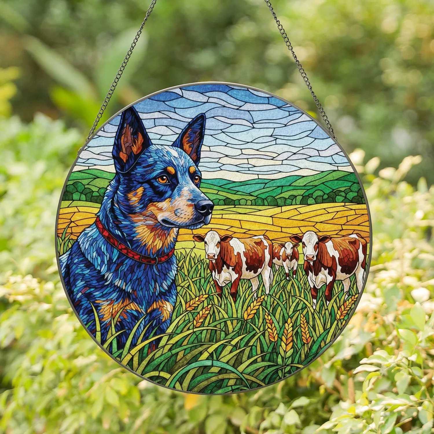 Australian Cattle Dog Blue Heeler Cattle Golden Field - Dog Lover Home Decor Gift Stained Glass Suncatcher - 1