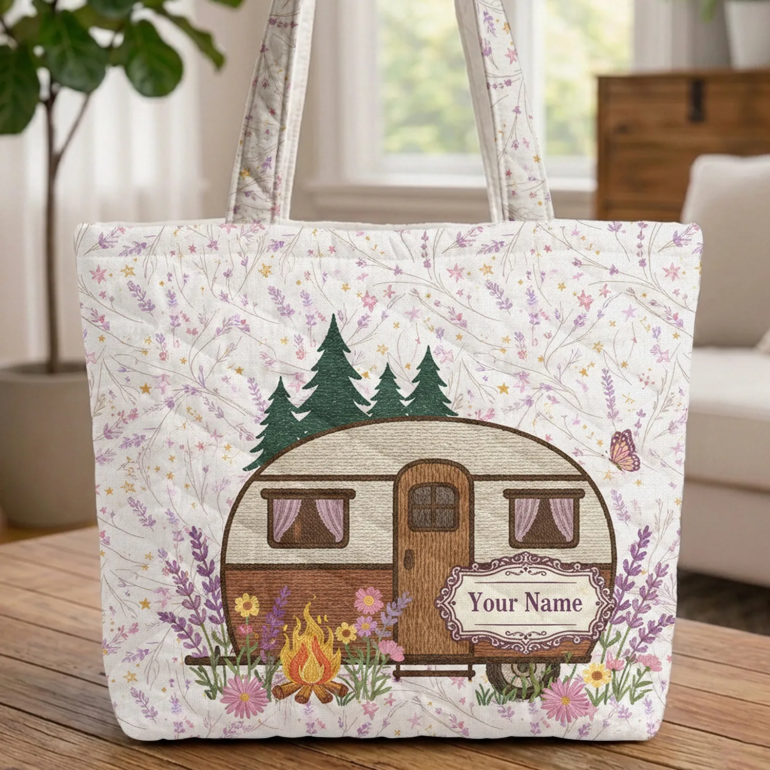 Vintage Caravan Campfire Wildflowers Lavender Stars Butterfly - Travel Essentials Gift Quilted Tote Bag - 1
