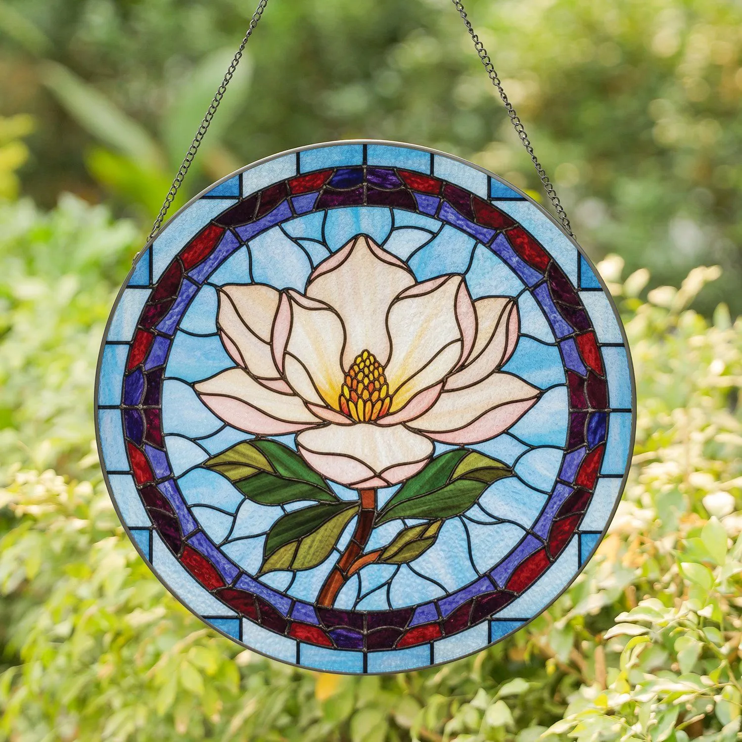 Colorful Stained Glass Magnolia Flower with Jewel Tone Mosaic Border - Home Decor Gift Stained Glass Suncatcher - 1
