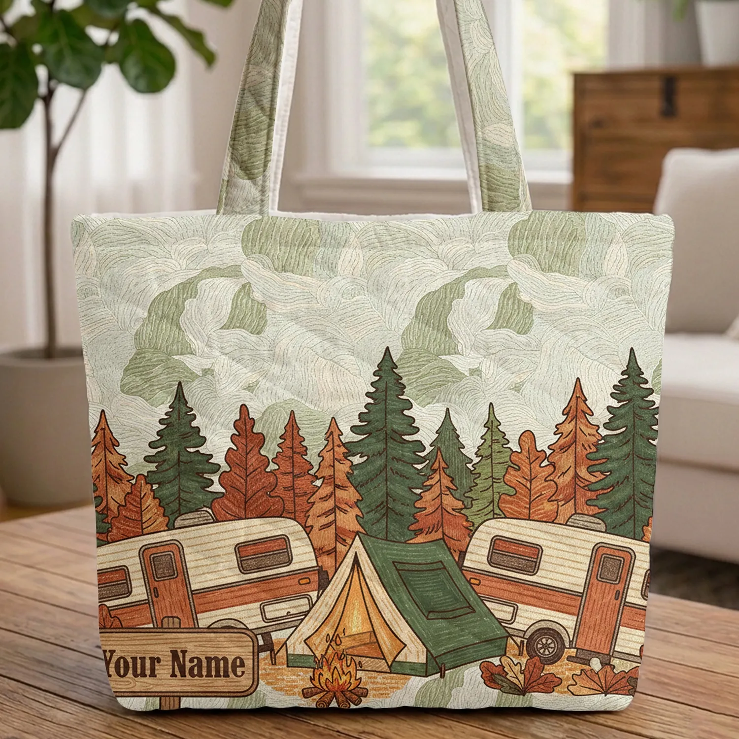 Vintage Travel Trailers Camping Scene with Your Name Wooden Sign - Travel Essentials Gift Quilted Tote Bag - 1