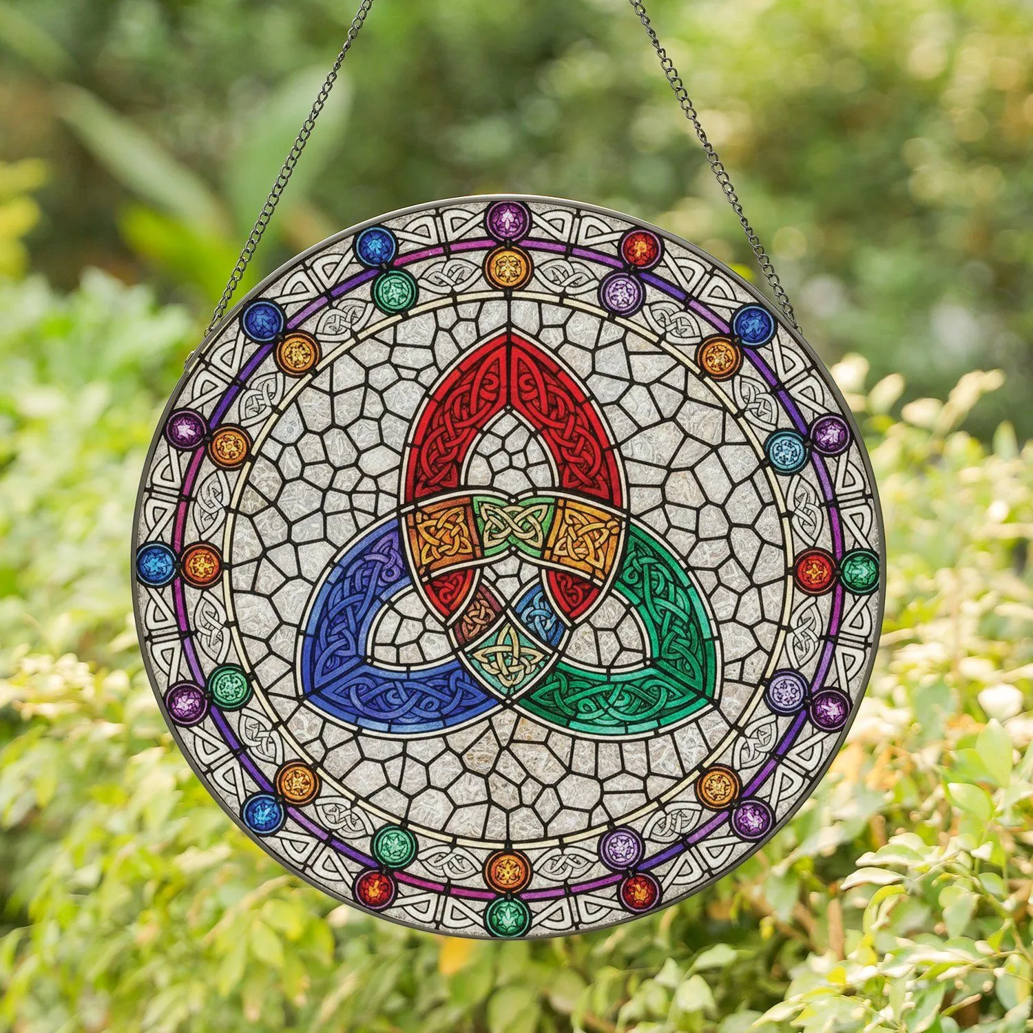 Celtic Triquetra Knot Jeweled Cabochons Tiffany Glass - Home Decor Gift Stained Glass Suncatcher - 1
