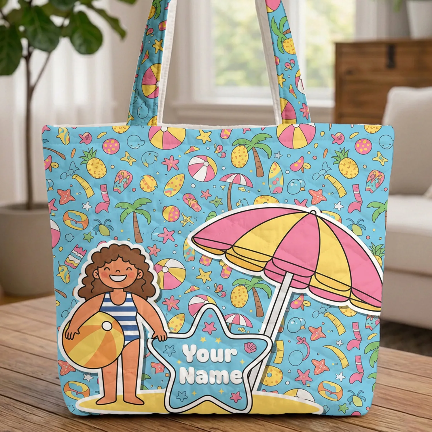Beach Woman Swimsuit Palm Trees Surfboards Starfish Cartouche Your Name Travel Essentials Gift Quilted Tote Bag - 1