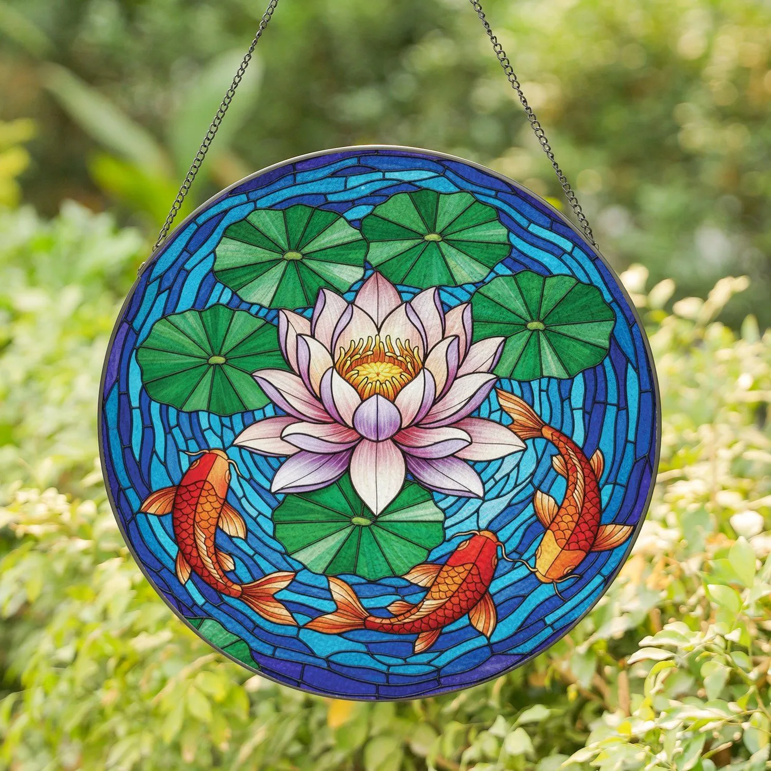 Lotus Flower and Koi Fish Water Lily Pond - Home Decor Gift for Fish Lover Stained Glass Suncatcher - 1