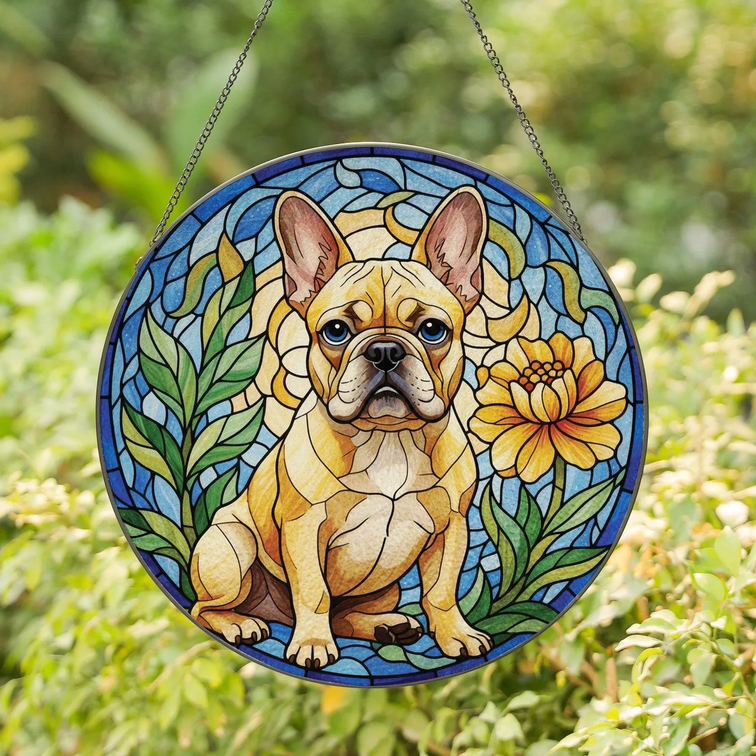 Sitting French Bulldog Golden Flower Mosaic Swirls - Home Decor Gift for Dog Lover Stained Glass Suncatcher - 1