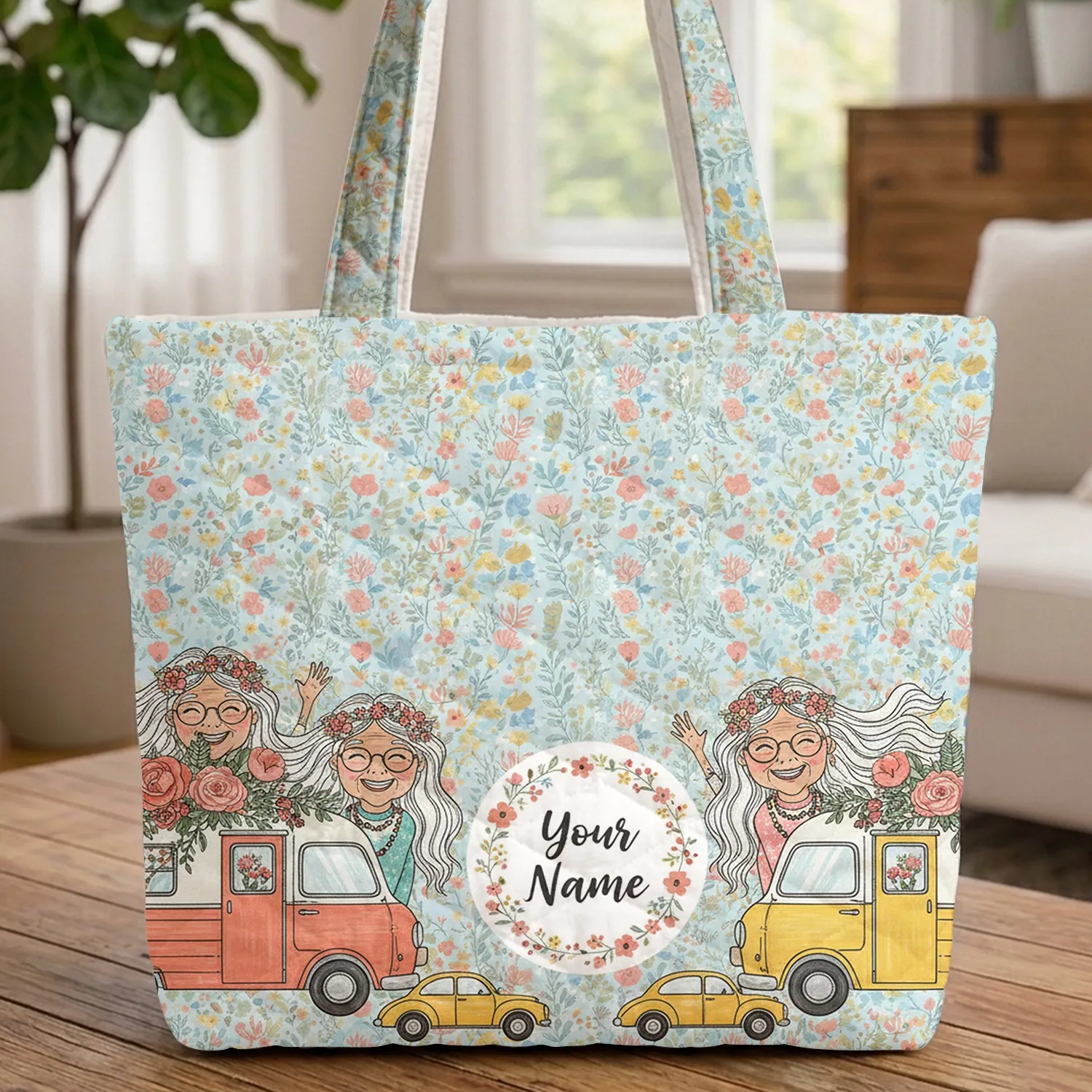 Older Women Campers Wildflowers Yellow Cars - Personalized Travel Essentials Gift Quilted Tote Bag - 1