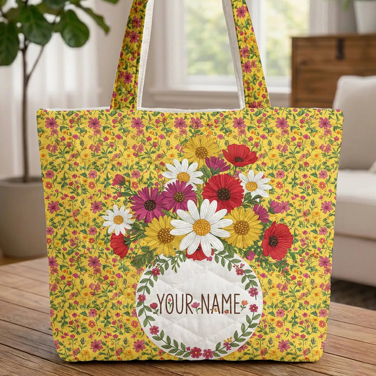 Wild Daisies Chrysanthemums Colorful Wildflowers Floral Wreath - Everyday Carry Lifestyle Gift Quilted Tote Bag - 1