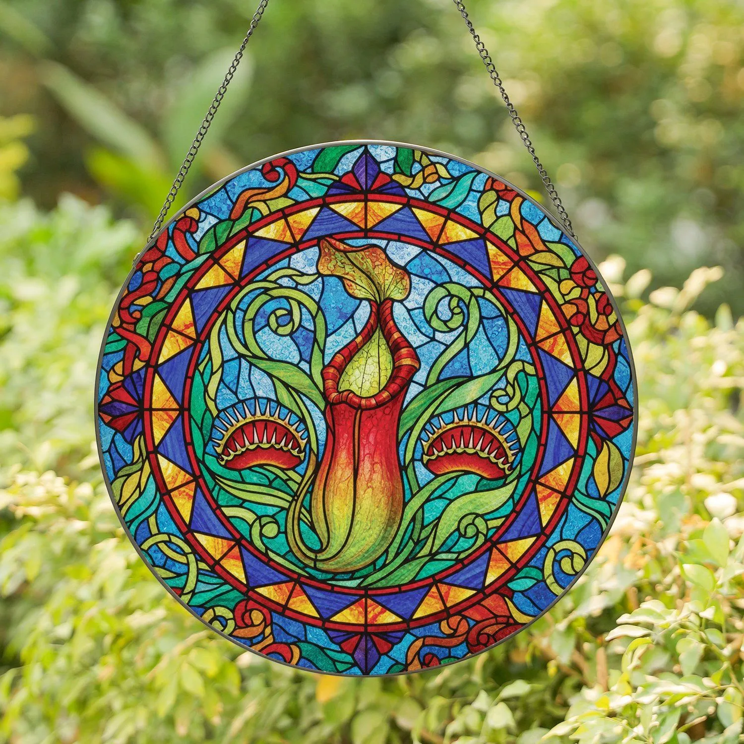 Pitcher Plant Venus Flytrap Green Foliage Diamond Square Circular Border - Plant Lover Gift Stained Glass Suncatcher - 1