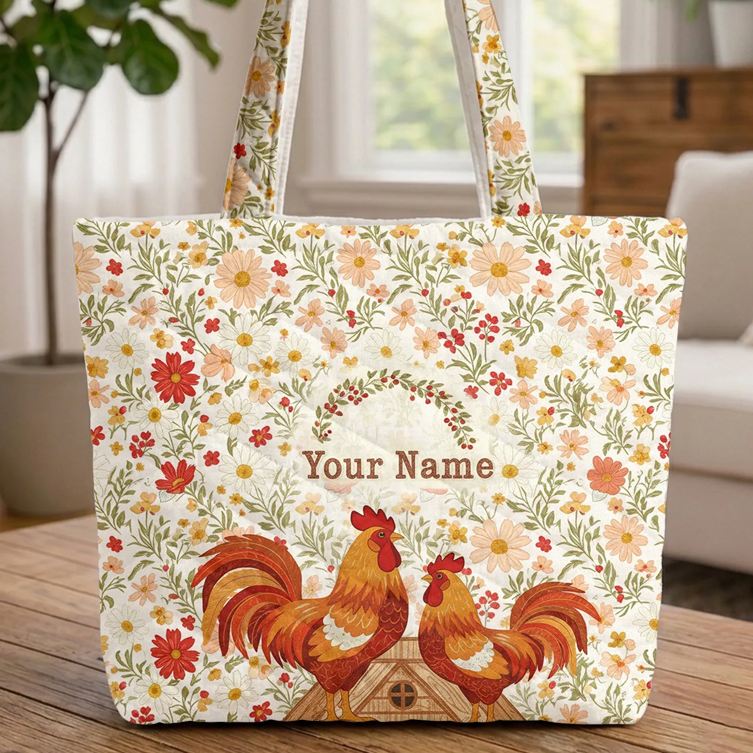 Personalized Two Roosters Farmhouse Daisy Cosmos - Everyday Carry Travel Lifestyle Gift Quilted Tote Bag - 1