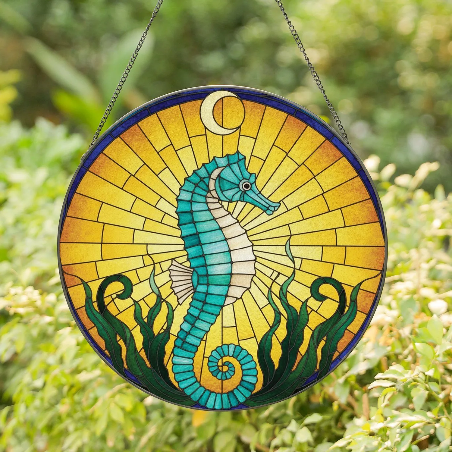 Majestic Seahorse Crescent Moon Sunburst - Home Decor Gift for Wildlife Lover Stained Glass Suncatcher - 1