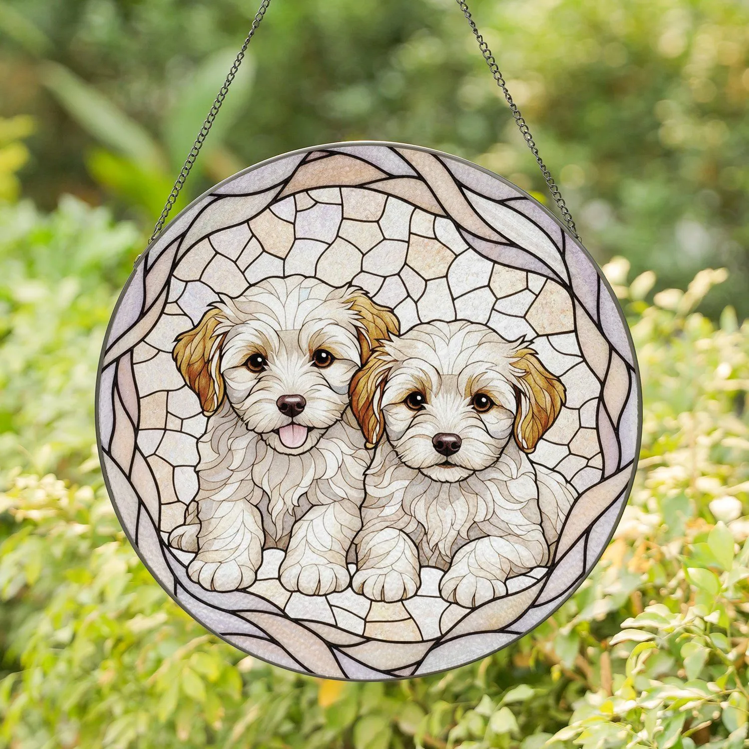 White Puppies Snuggled Together Close-up Portrait - Home Decor Gift for Pet Owners Stained Glass Suncatcher - 1