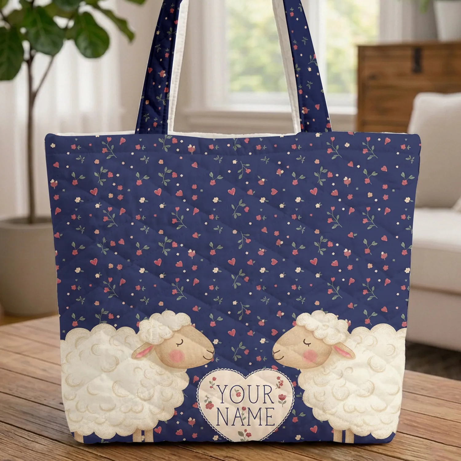 Nose-to-Nose Sheep Heart Name Frame - Baby Shower New Parents Gift Quilted Tote Bag - 1