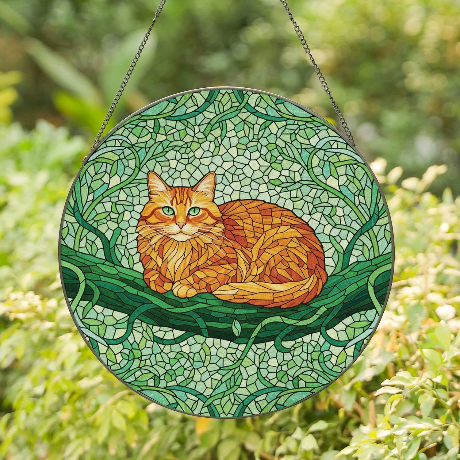 Fluffy Orange Tabby Cat Green Eyes Curled on Branch - Cat Lover Home Decor Gift Stained Glass Suncatcher - 1