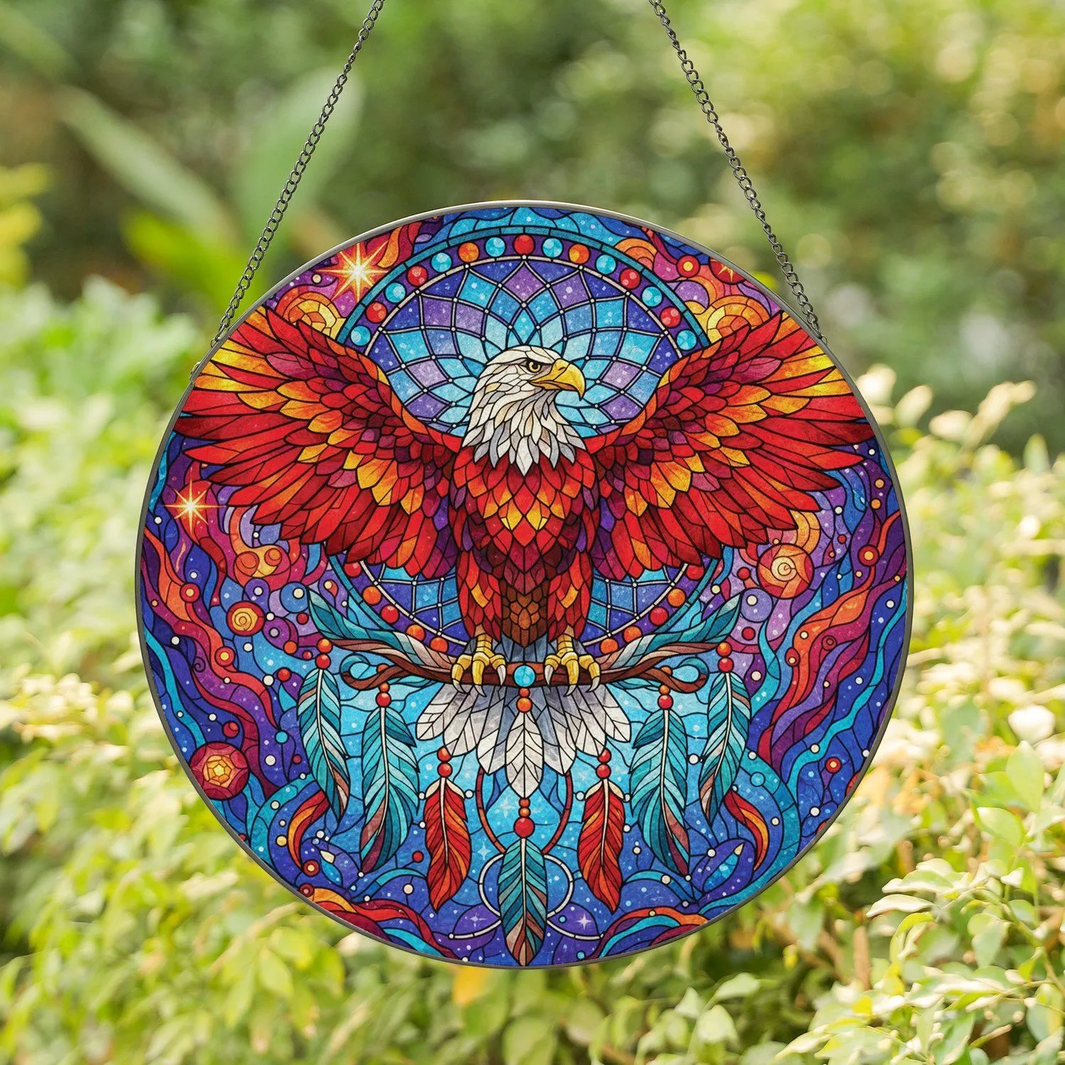 Bald Eagle Dreamcatcher Feathers Celestial Swirls Home Decor Gift Wildlife Lover Stained Glass Suncatcher - 1