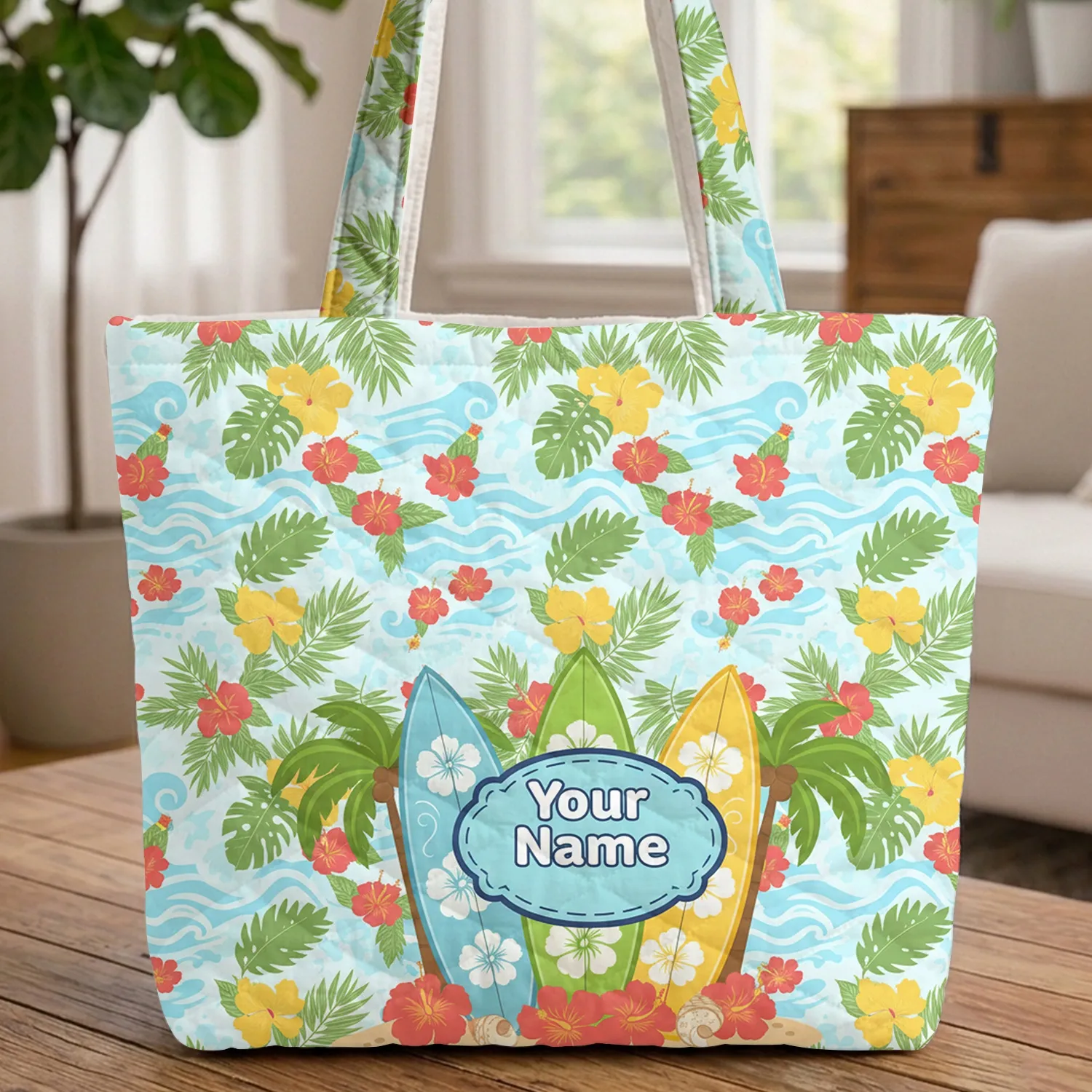 Colorful Surfboards Palm Trees Hibiscus Beach - Everyday Carry Gift Quilted Tote Bag - 1