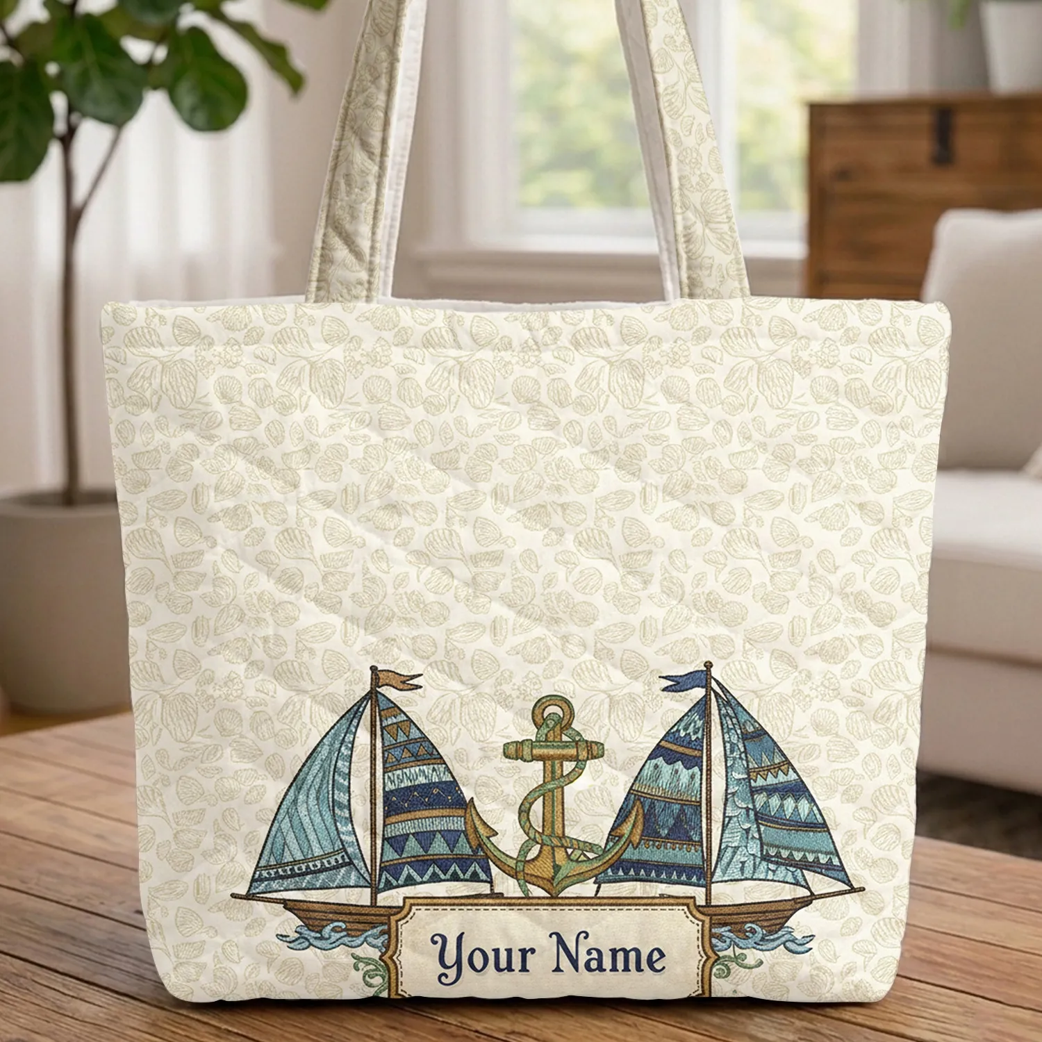 Sailboats Golden Anchor Seashells Starfish - Personalized Vintage Plaque Everyday Carry Quilted Tote Bag - 1