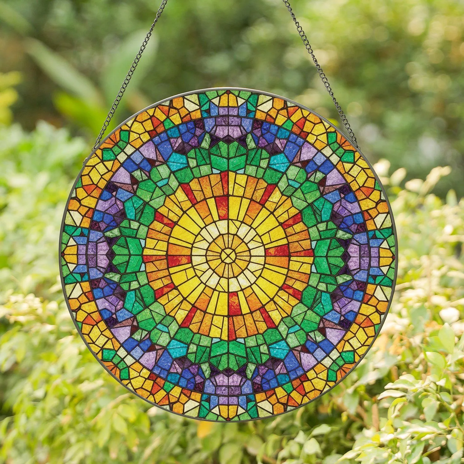 Multifaceted Sunburst Tiffany Stained Glass Geometric Mosaic Window Art - Home Decor Gift Stained Glass Suncatcher - 1