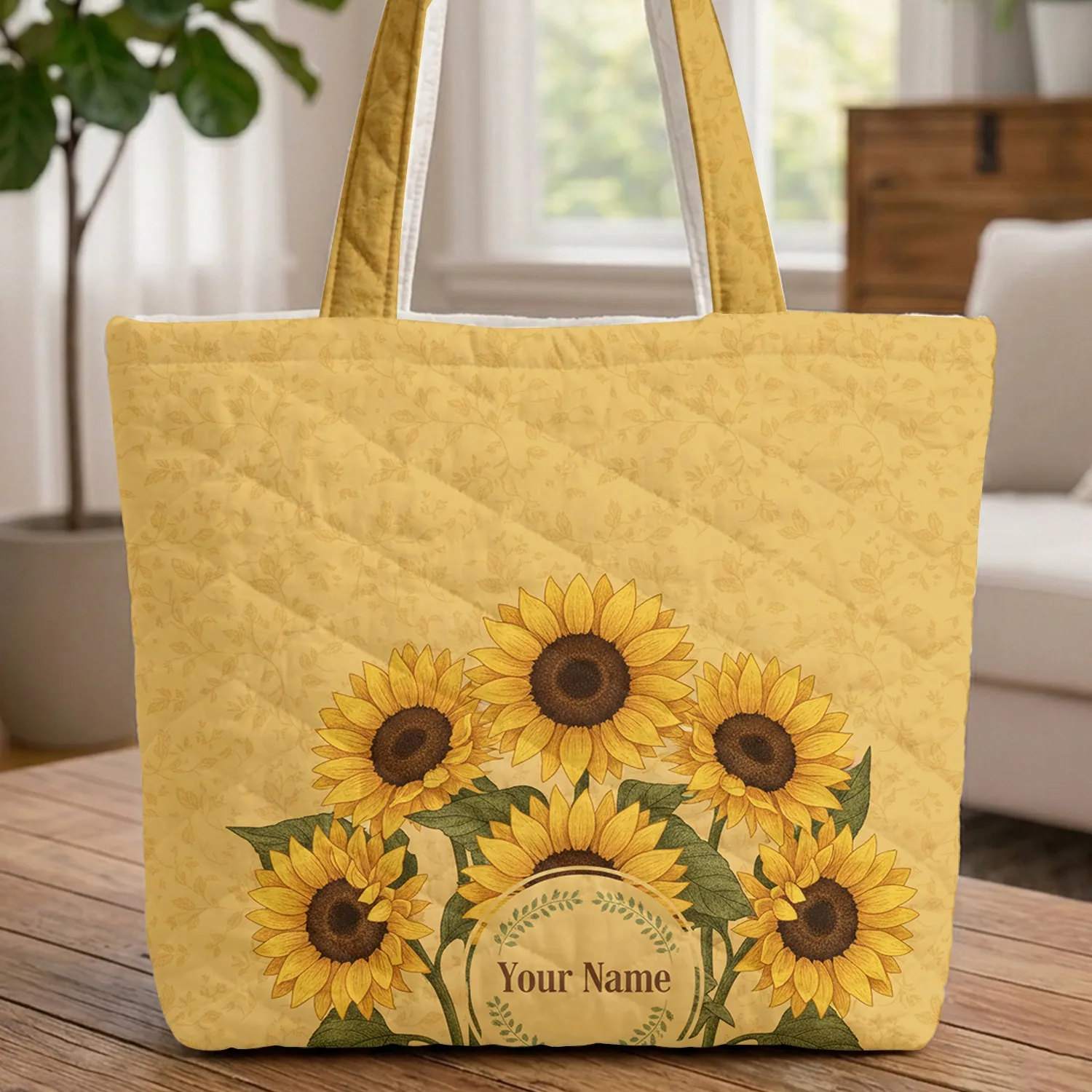 Blooming Sunflowers Golden Leaves Floral Wreath Vines - Everyday Carry Gift for Daily Essentials Quilted Tote Bag - 1