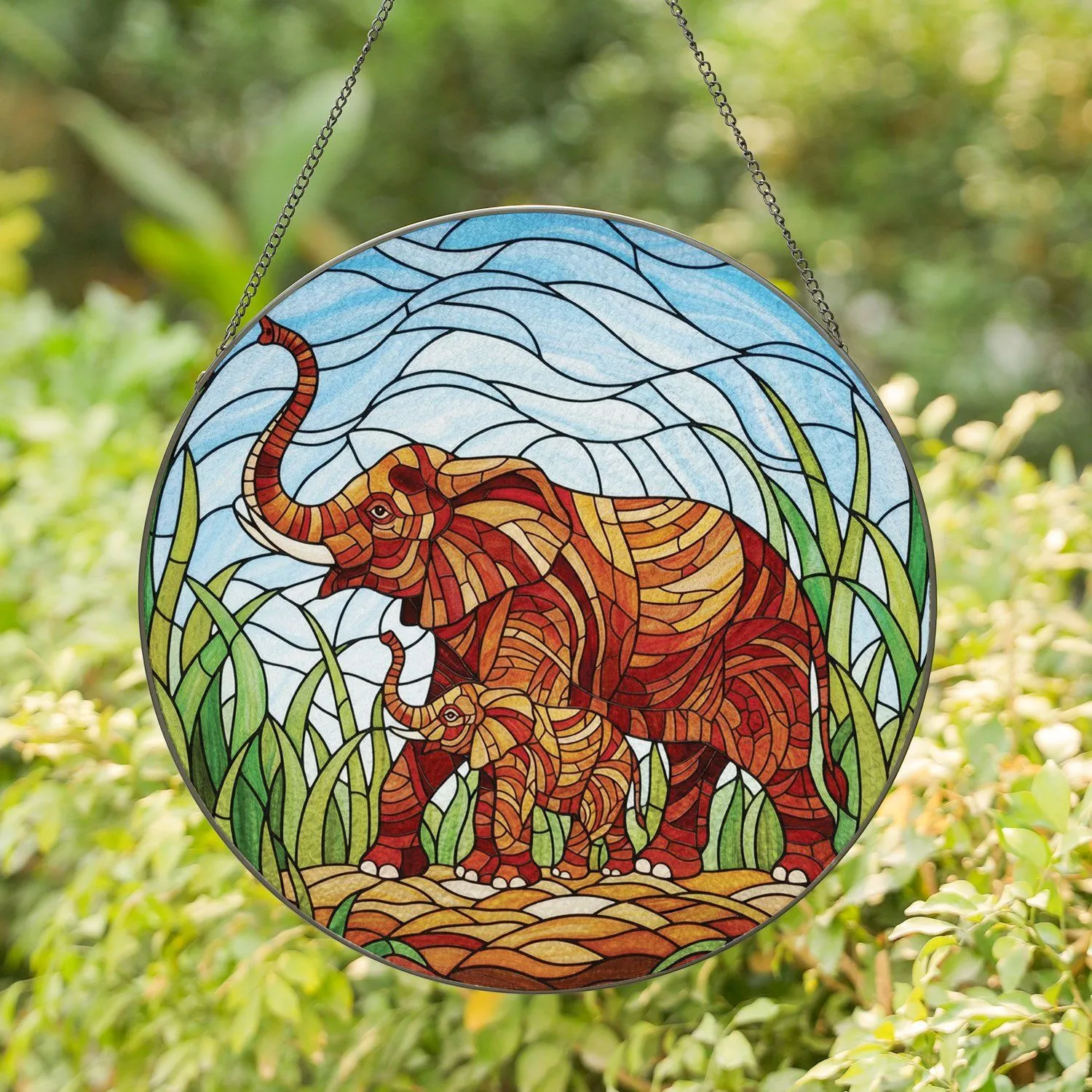 Mother Baby Elephant Tall Grass Scene - Wildlife Lover Home Decor Gift for Elephant Lover Stained Glass Suncatcher - 1