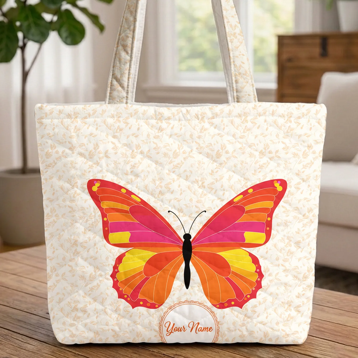 Mosaic Butterfly Leaves Name Everyday Carry Travel Gift for Her Quilted Tote Bag - 1