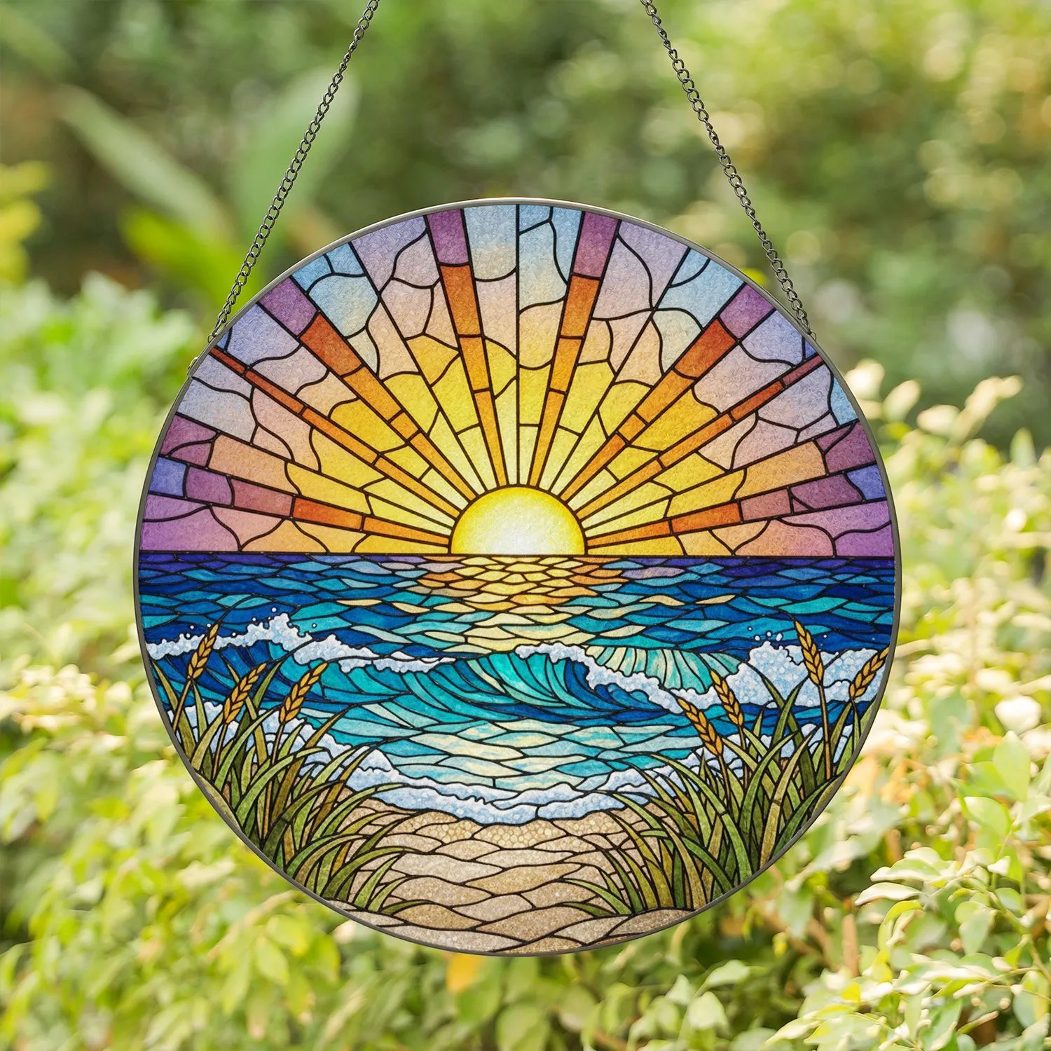 Radiant Sun Setting Ocean Waves Marsh Grass Sandy Beach Sky - Home Decor Gift Stained Glass Suncatcher - 1