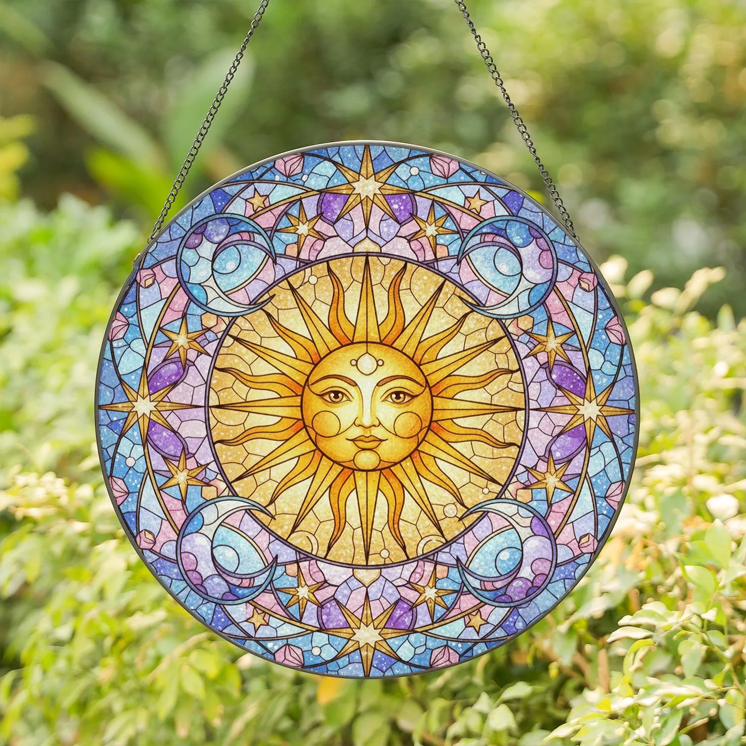 Radiant Sun Face Crescent Moons Stars Geometric Elements - Celestial Home Decor Gift Stained Glass Suncatcher - 1