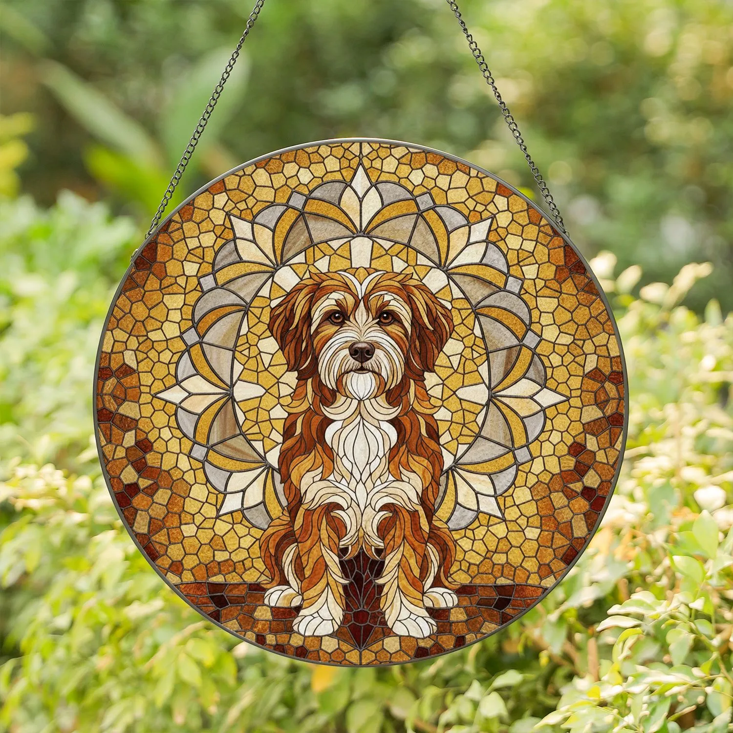 Fluffy Brown Tan White Dog Tiffany Stained Glass Home Decor Gift for Dog Lover Stained Glass Suncatcher - 1