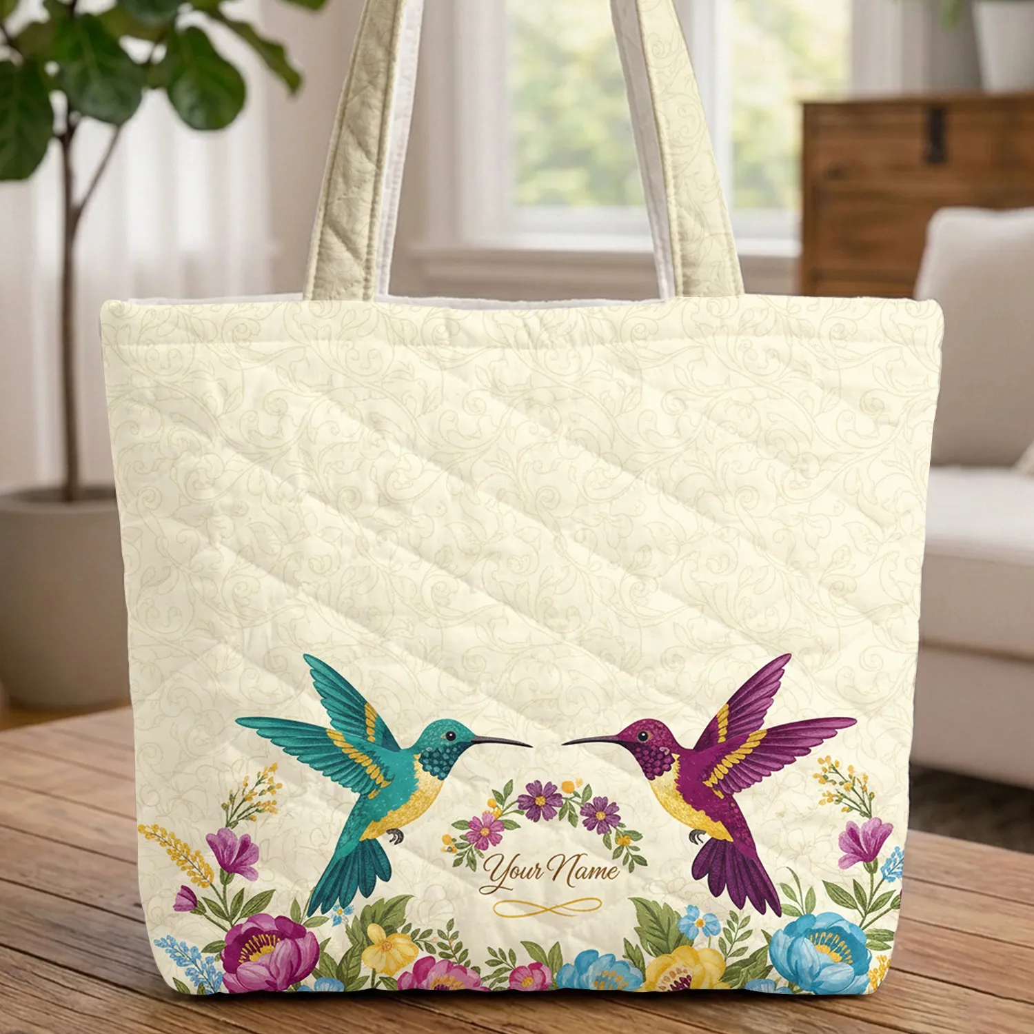 Hummingbirds Floral Wreath Scrolling Vine Custom Name - Everyday Carry Gift Quilted Tote Bag - 1