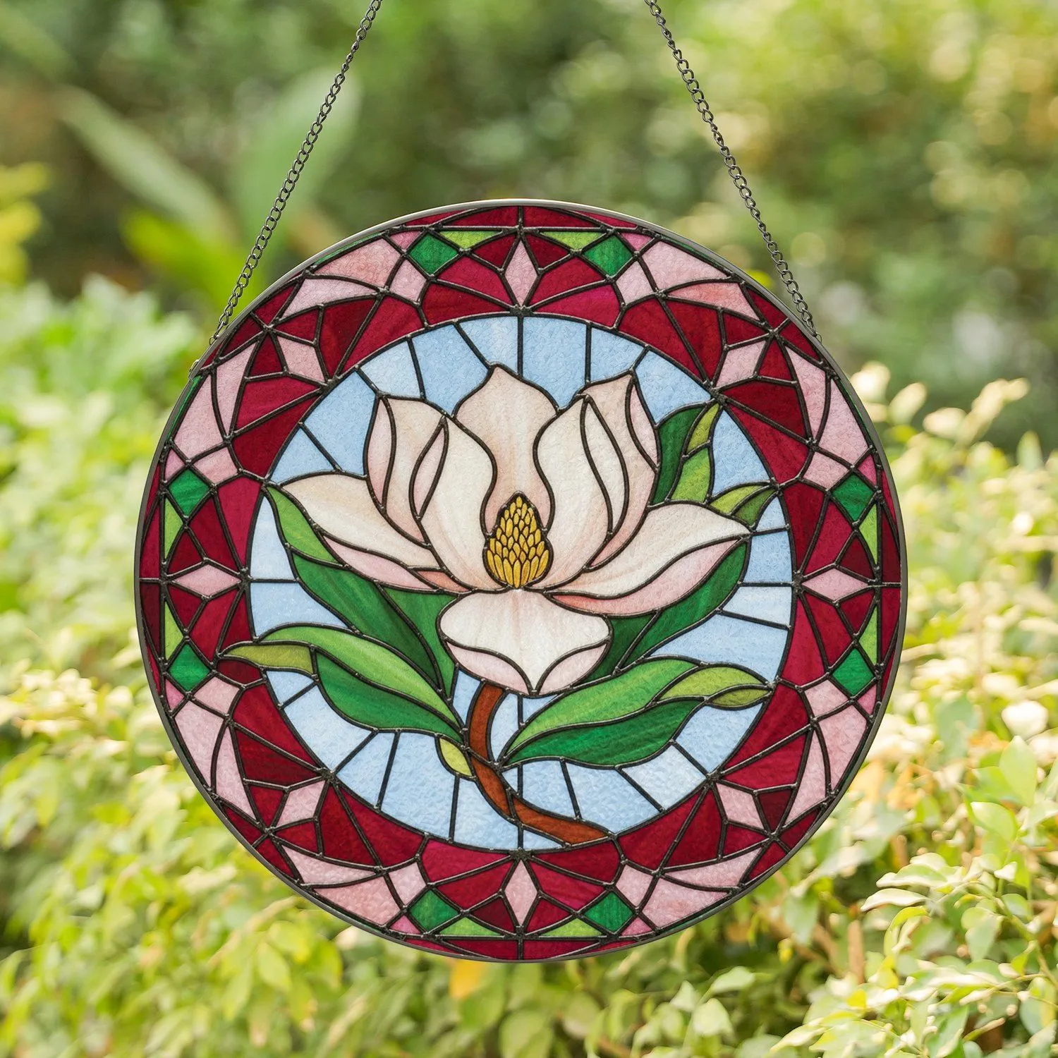 Magnolia Flower Pink White Petals Golden Stamen Green Leaves Home Decor Gift Stained Glass Suncatcher - 1