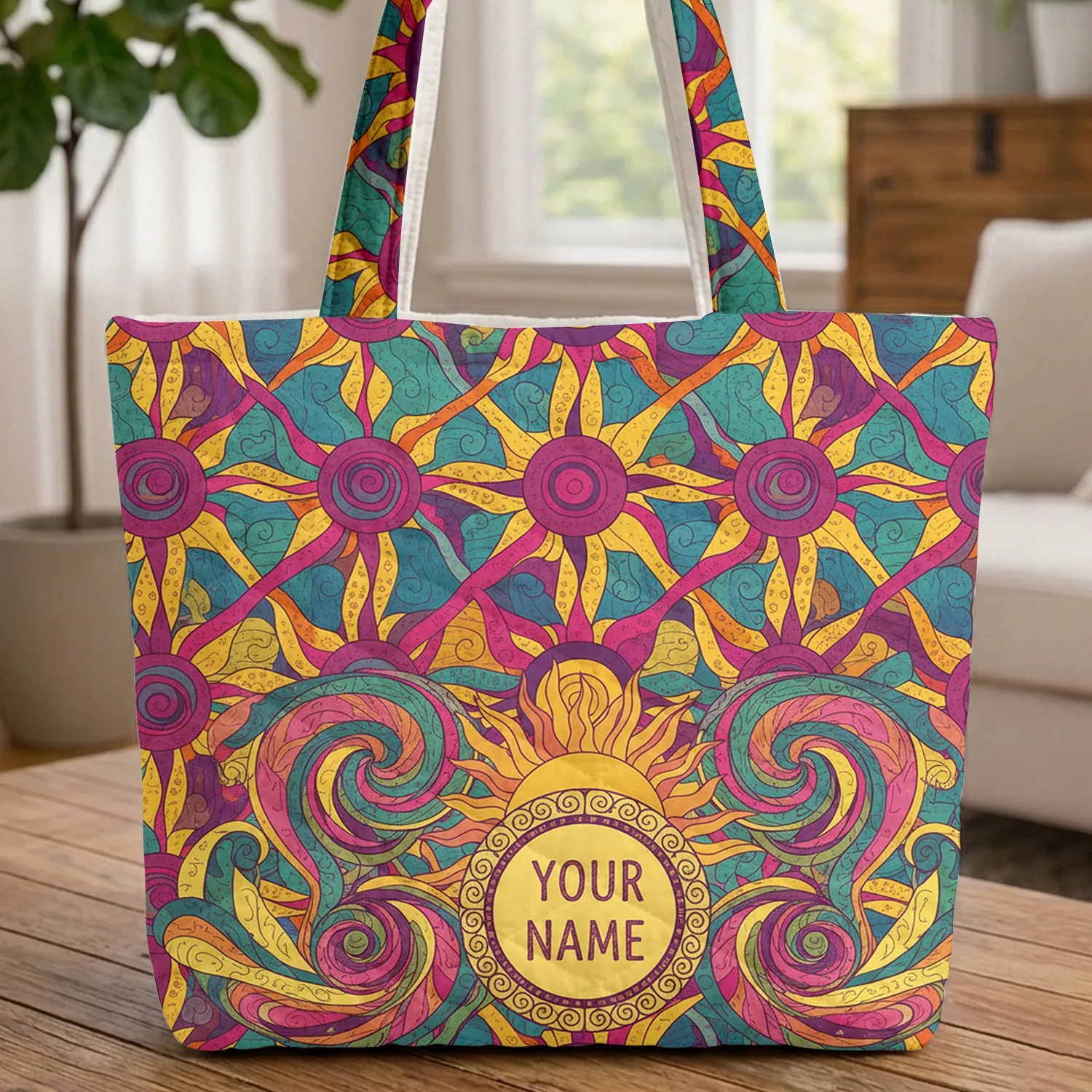 Radiating Sun Interlocking Spiral Swirls Undulating Waves Everyday Carry Gift Quilted Tote Bag - 1