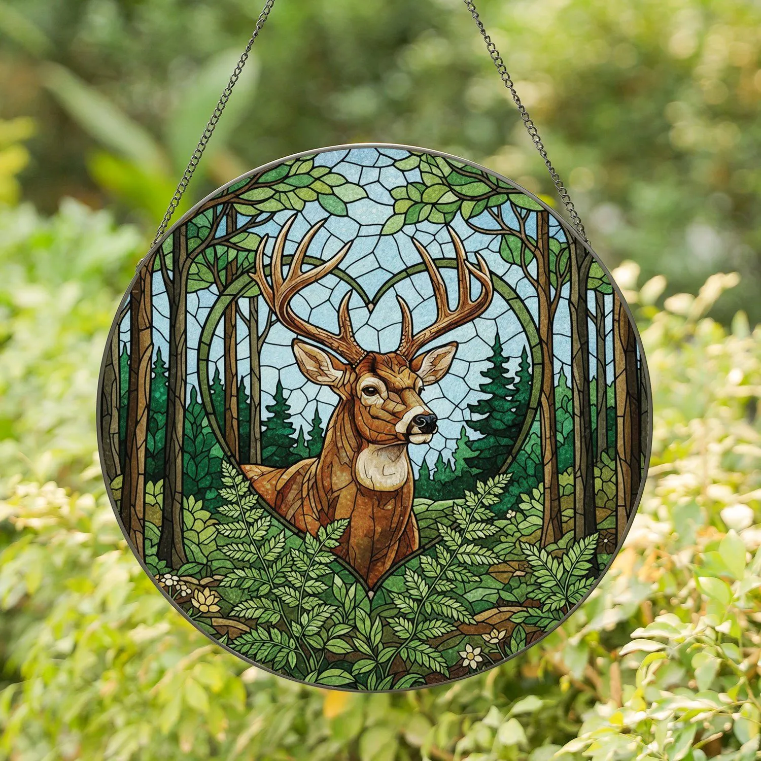Majestic Buck Prominent Antlers Ferns Forest Sky Heart - Wildlife Lover Home Decor Gift Stained Glass Suncatcher - 1