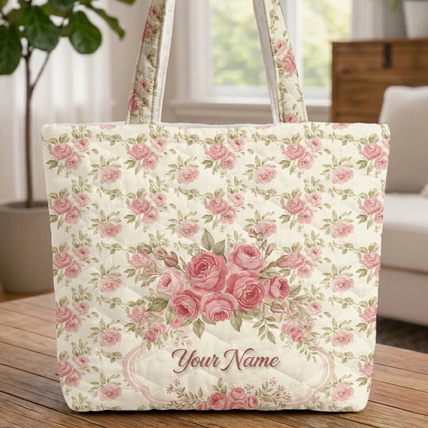 Vintage Rose Bouquet Personalized Wreath - Travel Essentials Quilted Tote Bag - 1