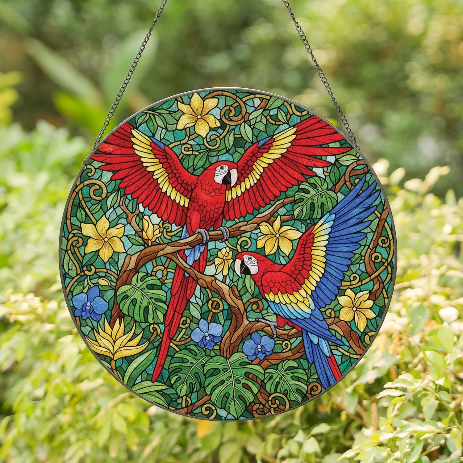 Scarlet Macaws on Intertwined Branches Tropical Jungle - Wildlife Lover Gift Stained Glass Suncatcher - 1