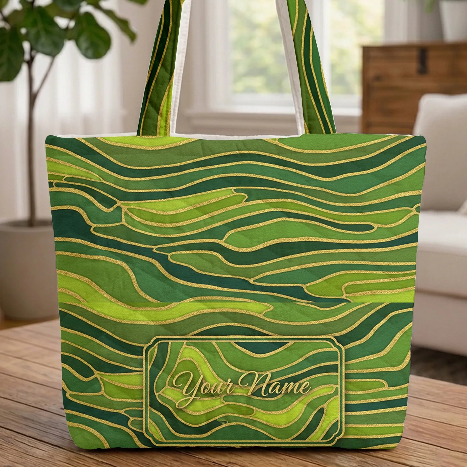 Layered Topographic Lines Metallic Gold Name Cartouche Everyday Carry Gift Quilted Tote Bag - 1
