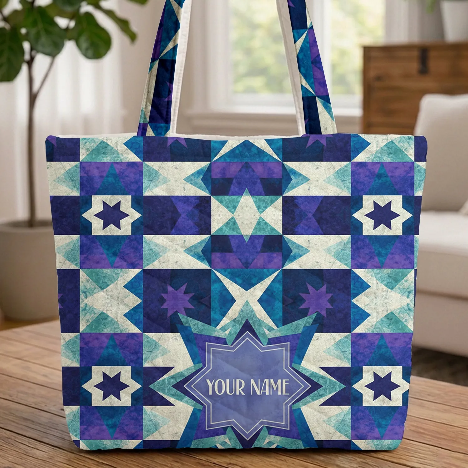Geometric Star Triangular Shapes Angular Shapes Star Cartouche Everyday Carry Gift Quilted Tote Bag - 1