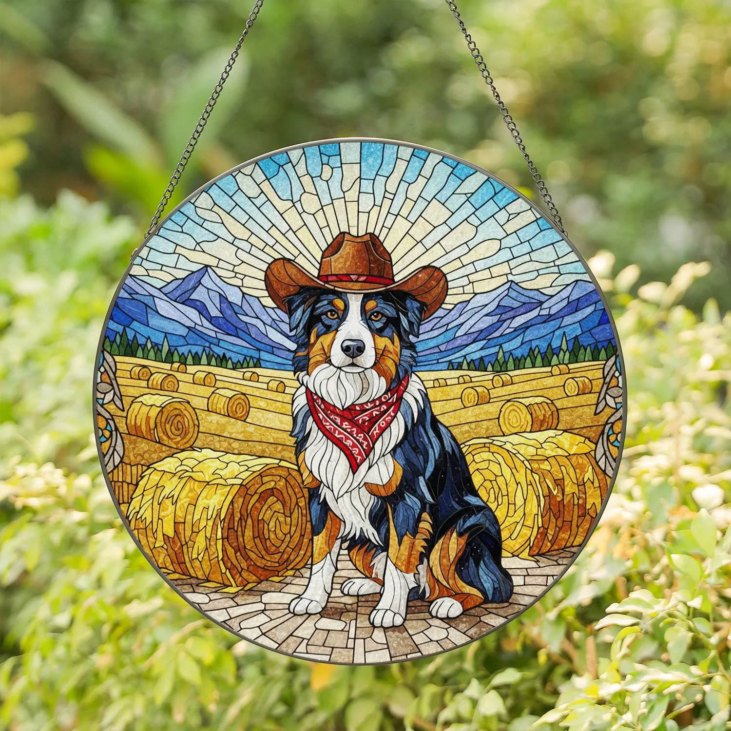 Tricolor Dog Cowboy Hat Hay Bales Mountain View - Rustic Farmhouse Home Decor Gift Stained Glass Suncatcher - 1