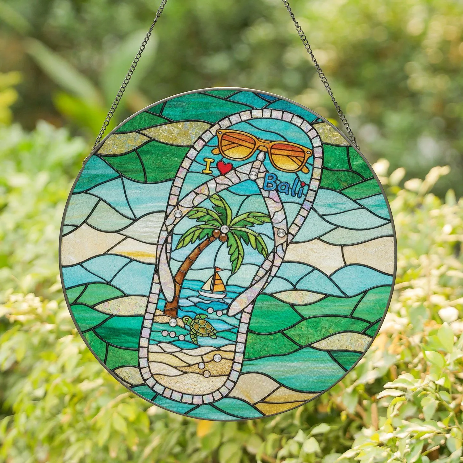 Flip-Flop Sandal Tropical Beach I Love Bali Vacation Home Decor Gift Stained Glass Suncatcher - 1