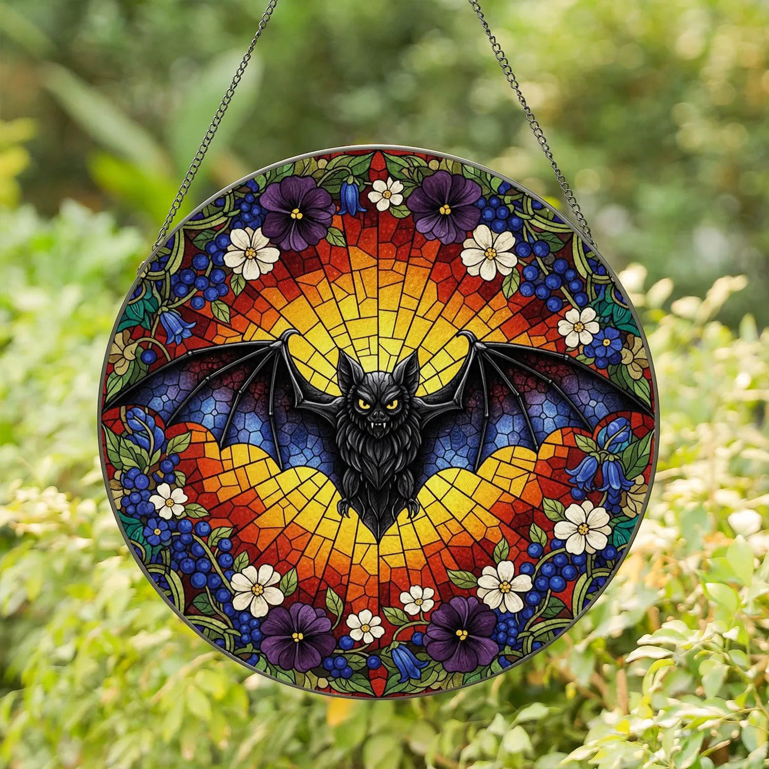 Dark Bat Stained Glass Floral Mosaic - Wildlife Home Decor Gift Stained Glass Suncatcher - 1